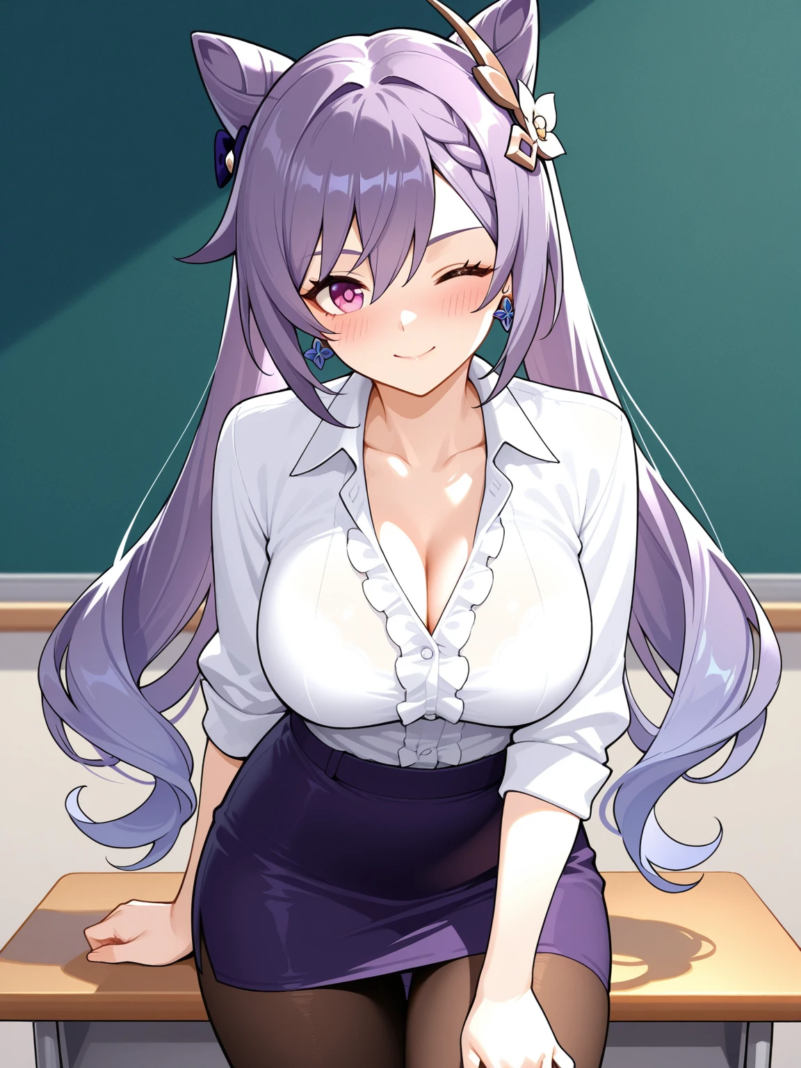(dark skin), purple hair, (best quality, masterpiece), sitting, looking at the viewer, hands on the table, table in front, office background, 1woman, neckline, mini skirt, white shirt, large breasts, large thighs, dark skin, glasses, short, dark skin, solo,, standing, scales, dark red dragon horns, dark red dragon tail, subtle paterns of bright shades of purple along its limbs and tail, red eyes