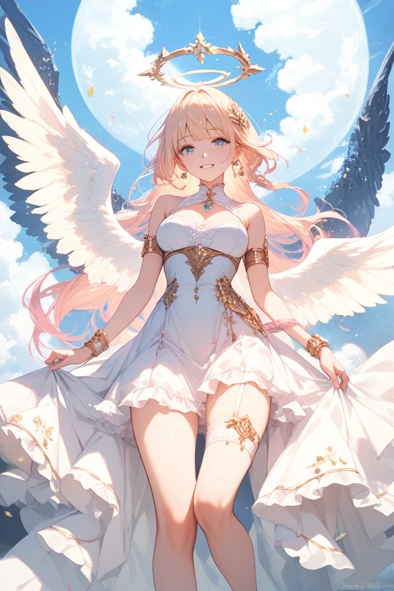 angel wings, (((white angel woman, delicated pose, detailed face, pale skin, long blonde hair))), gorgeous anime angel , gwen from league of legends, gorgeous white and pink sensual gala dress, sensual pose, (((blue sky background, gorgeous sky background)))
