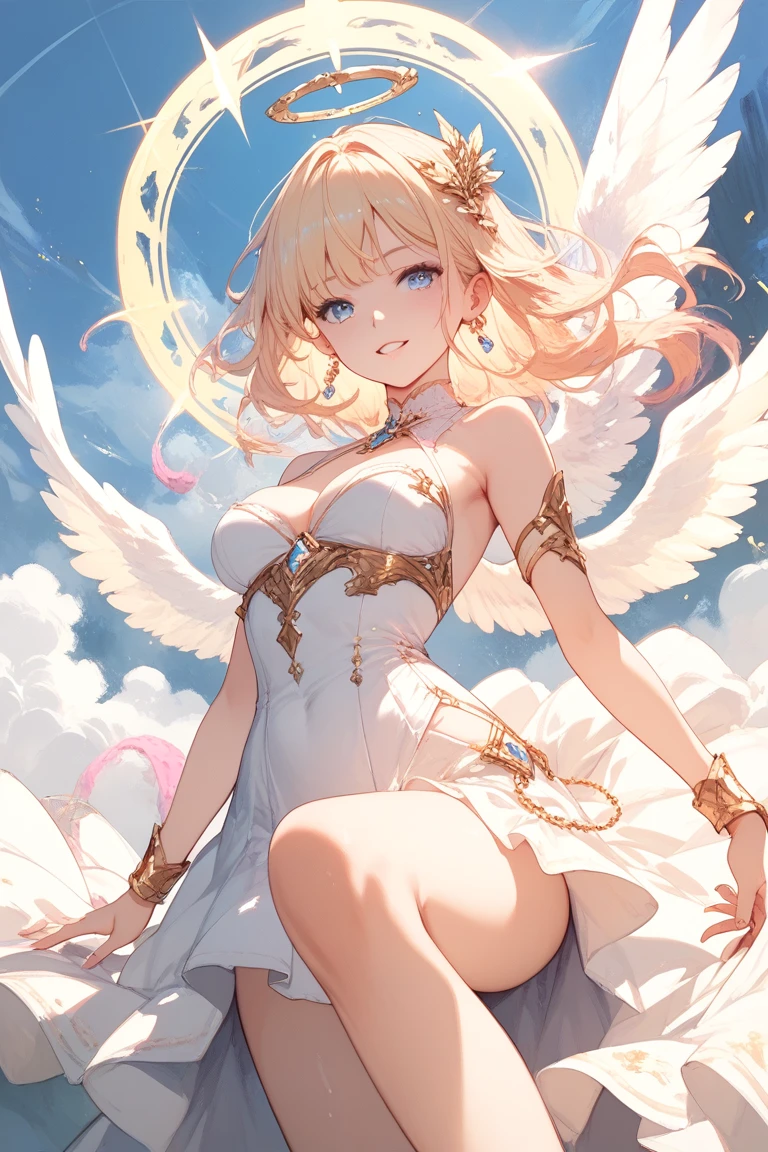 Fantasia, 1 girl with white feathers, feather ornament, blond, white undergarment, camel toe, Colossal tits, a miniskirt, closed eyes, :o, pain, screaming, tottering, dynamic pose, lightning glare, perfect anatomy, arched back