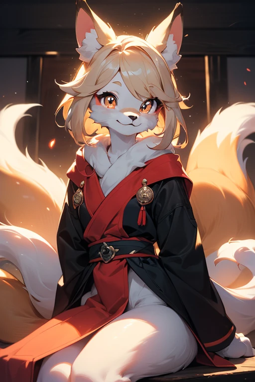 The art of Dagasi，girl fox，Longhaire，shaggy，Golden fur，Golden yellow face fur,Long blonde hair，Red eyes，Super cute face，Brown elements on fur，miko，Beautiful lights and shadows，Ambient light，Ultra-fine fur，Volumetric light，Night,Clouds and stars in the sky,The sky outside is starry ,shooting stars,natural day light，smiled，Fluffy tail，Color Contact Lenses ， Bright pupils，solid circle eyes，Glowing eyes