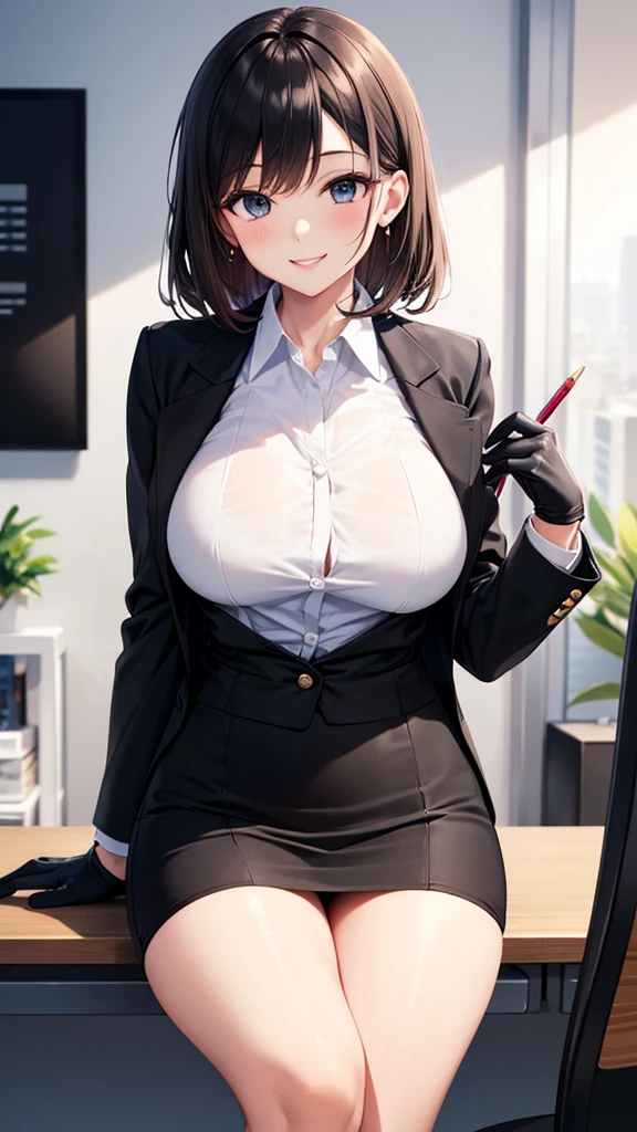 black hair, long hair, front view detailed body, long belly , Slender body, tight body , thicc, large breast , long thighs, masterpiece,best quality, official art, extremely detailed CG unity 8k wallpaper, ((top quality, 8k, masterpiece: 1.3, ultra hd, high quality, best quality, high definition, ((realism)), sharp focus: 1.5,（Very detailed CG unity 8K wallpaper), Dark Cinematic Lighting, cinematic lighting, sooahdef \(Secret Class\), large breasts, fair skin,sweaty body, sweaty face, seductive smile, earrings, Looking at the viewer, embarrassed, shy, blushing, bob_cut, short hair, front view, shirt, skirt, plated skirt, pantyhose, unbutton, school, school_uniform, school background, cleavage 
