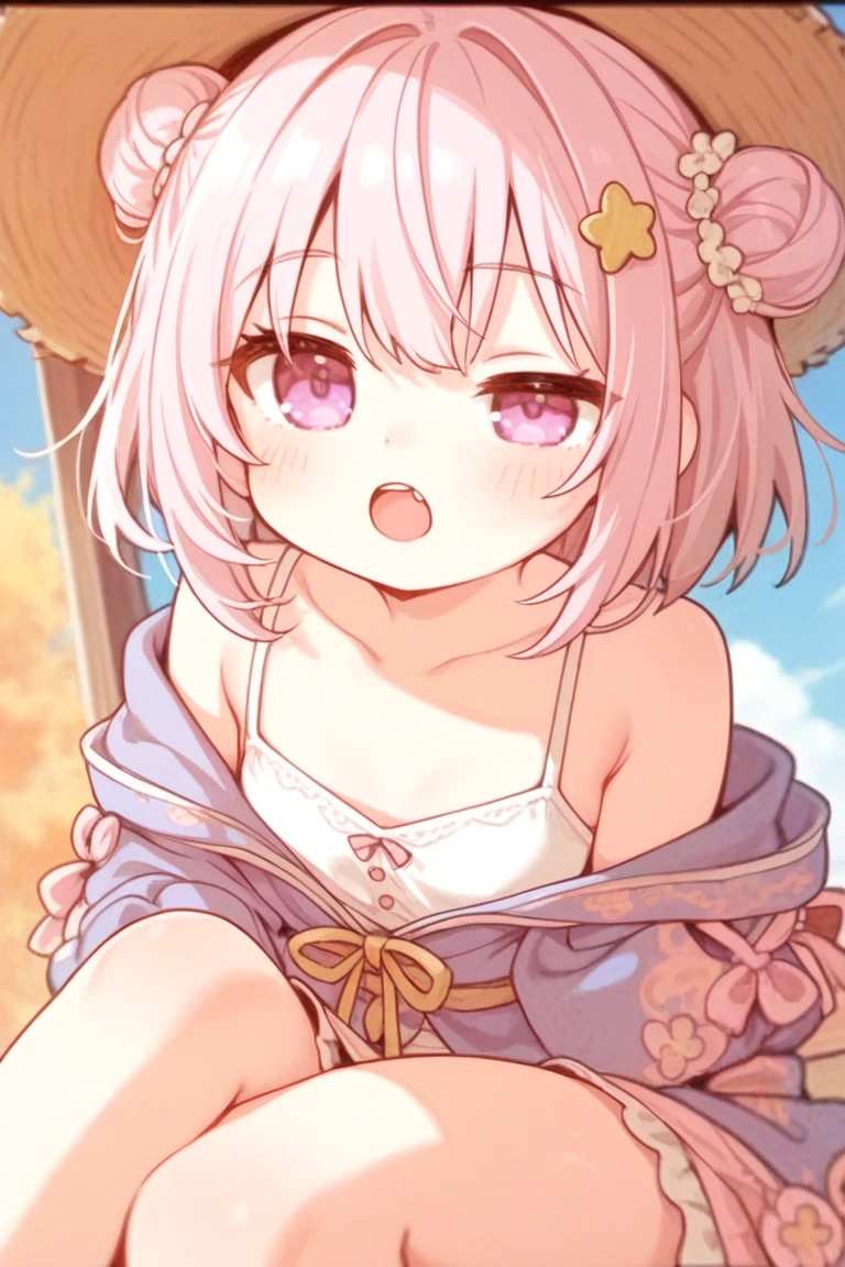 Girl with pink hair, long double-tailed hairstyle, ((small pink bushy eyebrows)), wearing lolita clothing, shorts, marked vagina, lolicon (Zankuro) drawing style by zankuro artist, Zancro style, image uploaded to R34, flirty smile, take a selfie, close-up, ((showing a breast outside the shirt)), (squeezing a breast with her hand) face very close to the camera, moan and drool) happy face cheeky smile