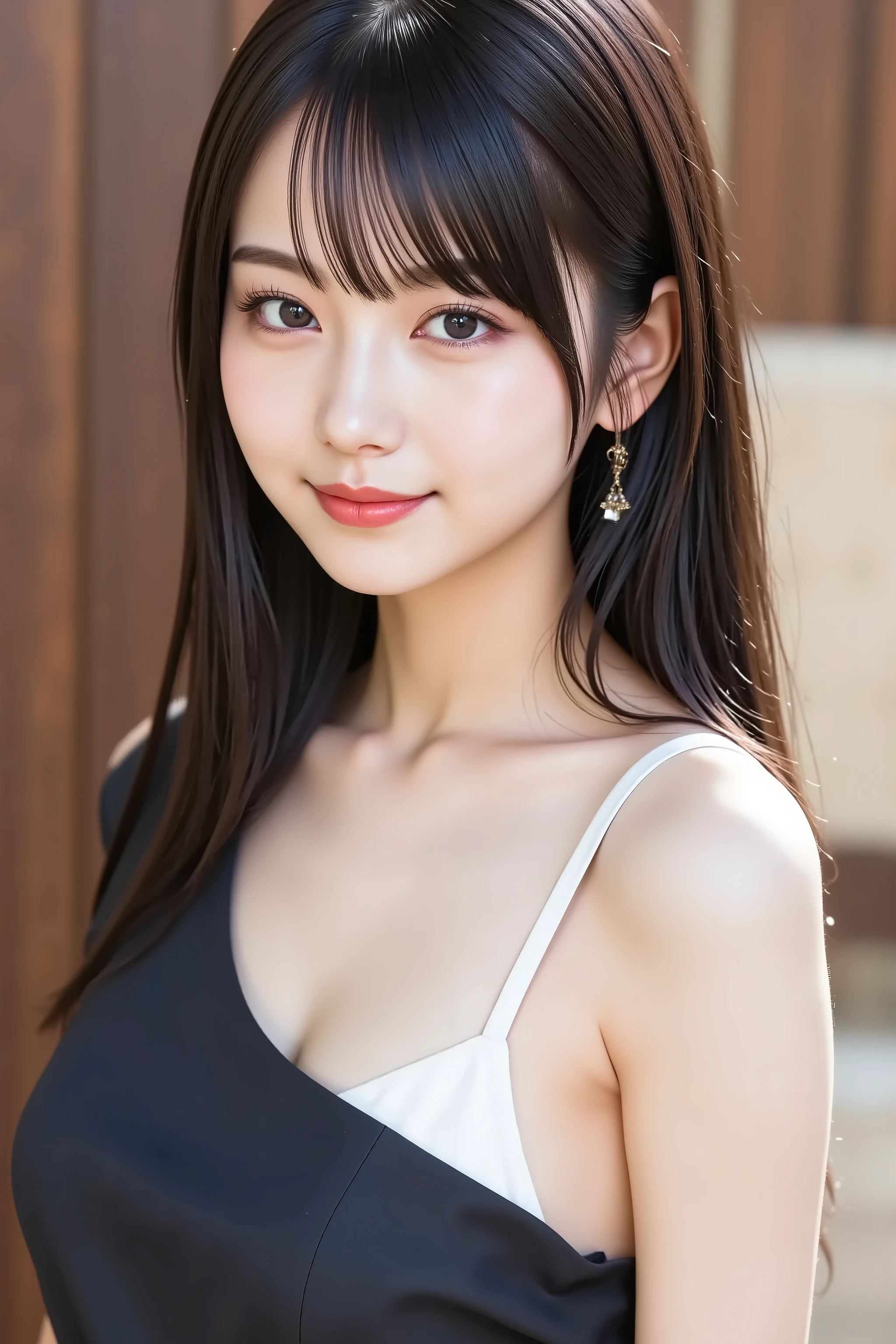 (masterpiece:1.2,Highest quality),Blur the background,One College Girl,((Tank top)),(Big Breasts),((Gravure pose)),Wavy Hair,((Beautiful Eyes)),Blushed Cheeks,Healthy Skin,Observe the audience,(smile),(Shinjuku Date),8K resolution