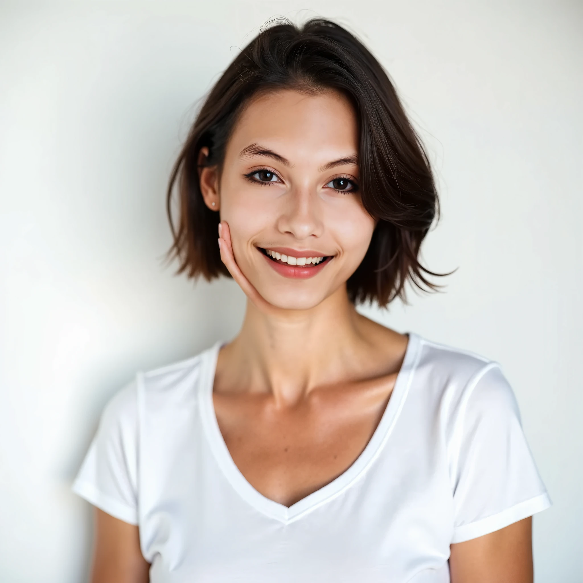 portrait perfect image woman smile front view, 30 years, short hair, executive shirt in gray color, plain white background