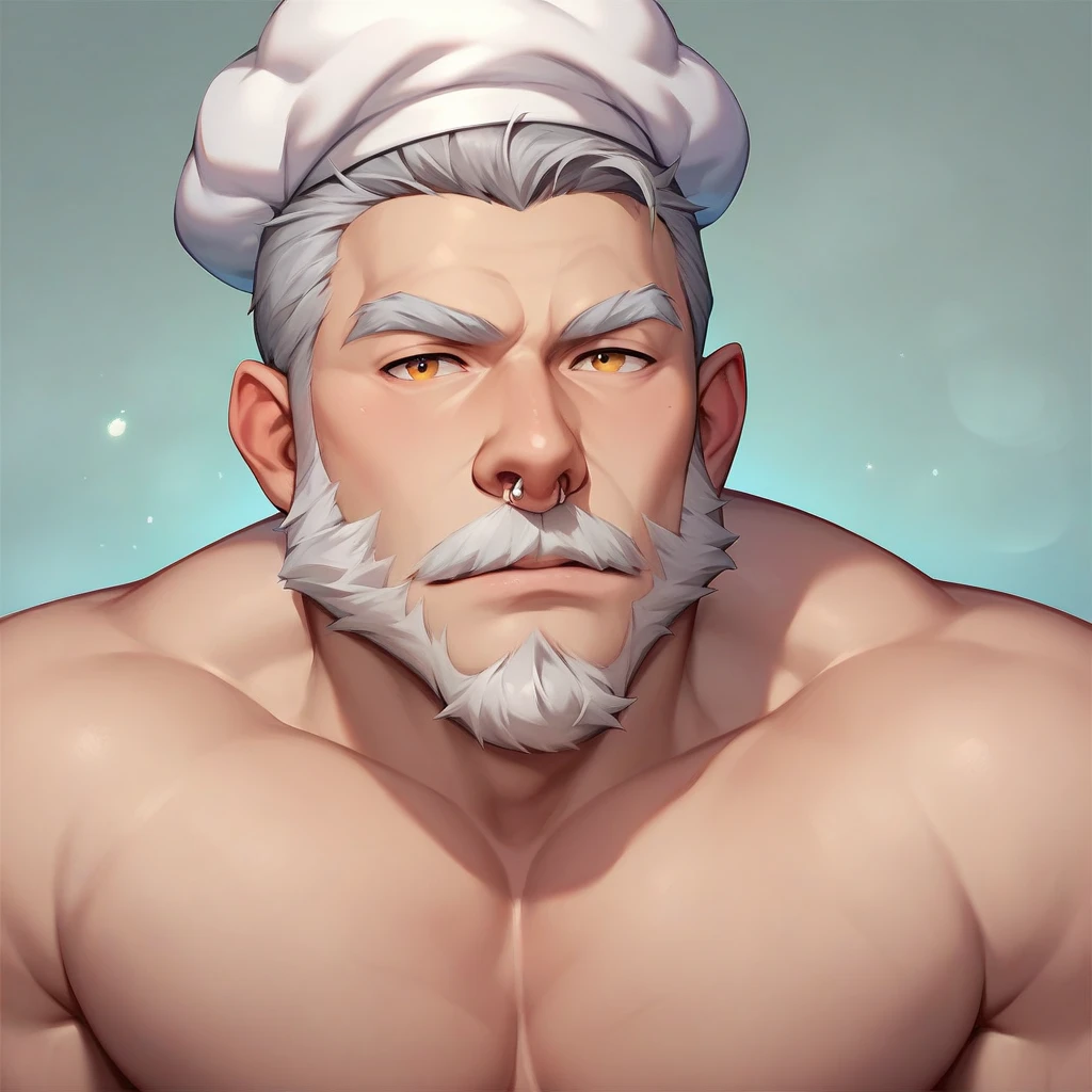 Dwarf Uncle　Big white beard　Black mustache　Frowning　Deep wrinkles on the face　A worn-out running shirt　Hairy body hair　　Put your hands on your head and put your hat back on　Armpit hair　Upper body painting　Plump　Anime taste　