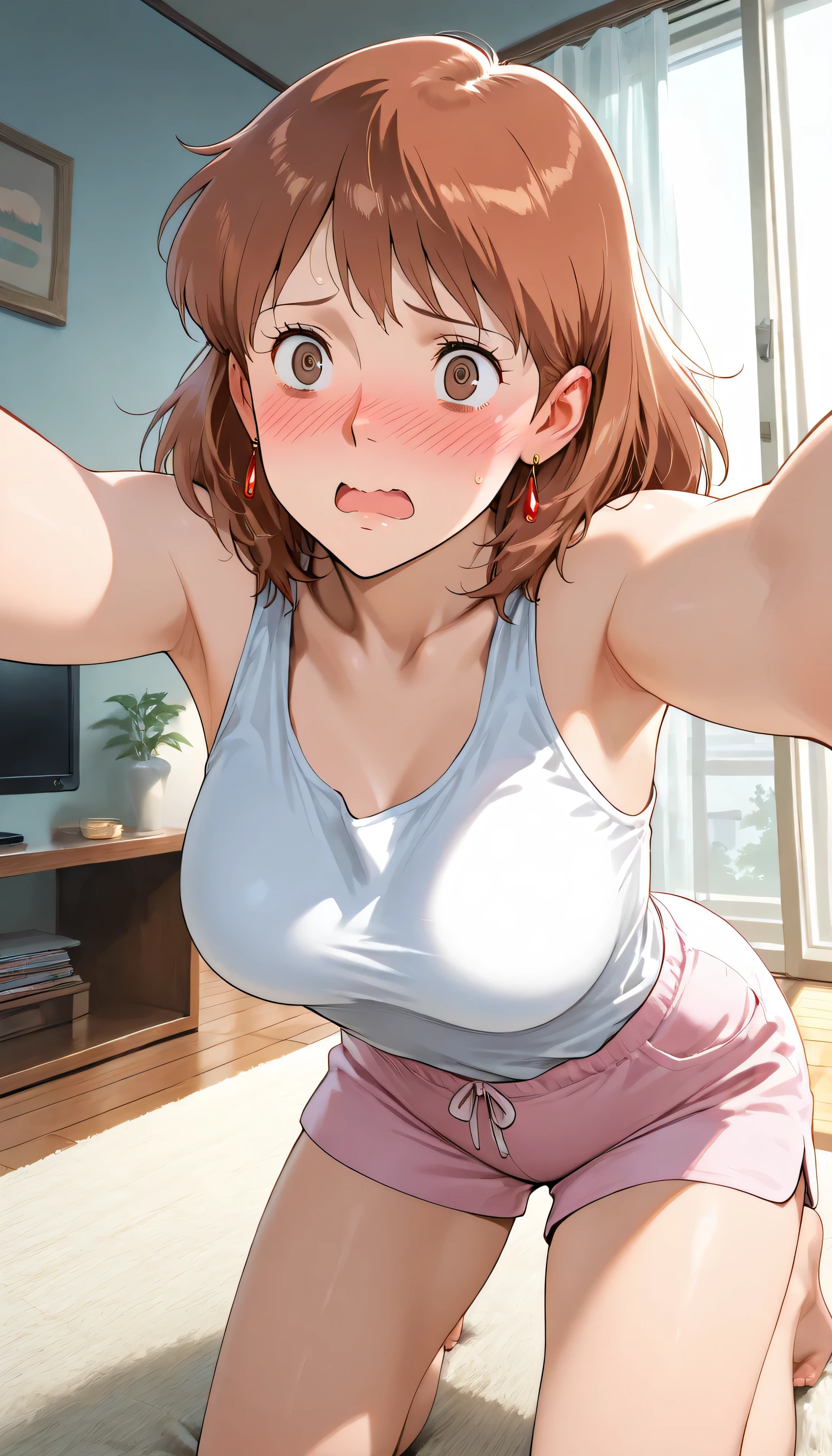 8k high score, great score, masterpiece, best quality, very ultradetail aesthetic, High quality, Ultra detailed, best quality, insanely detailed, beautiful, masterpiece (upper body shot:1.4)(dramatic angle shot:1.0) (perfect detail face:1.0),1girl (solo:1.1) (40 years old) mature female Nausicaa,1girl,brown hair,medium hair,brown eyes, (white tank top)(pink shorts) medium breasts, voluptuous facing ahead:1.2 (flustered:1.3) (spiral eyes:1.2) outstretched arms forward, open mouth wavy mouth:1.1 bags under eyes nose blush kneeling (japanese apartment living room) cup noodles