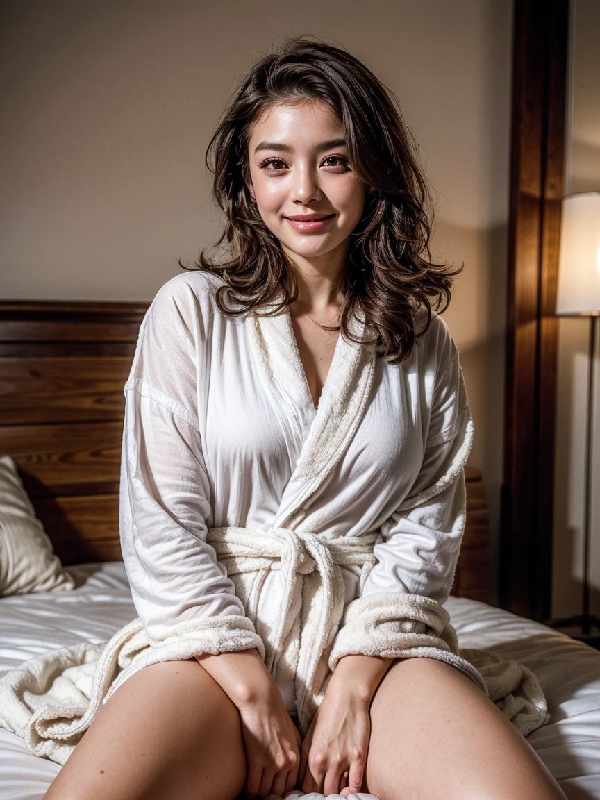 ((Beauty Indian model)), (8k, RAW photo, top quality, masterpiece: 1.2), high-definition RAW color photo, professional photo, cinematic light, (fine face: 1.2), (masterpiece: 1.5), (best quality: 1.2), (smile: 1.2), (viewer: 1.2), (big breast: 1.5), smile, slender, ( wearing a bathrobe: 1.6), (bathrobe with open front), camel toes, underwear, (lying on bed: 1.6), camel toe details, cuteness, sexiness,