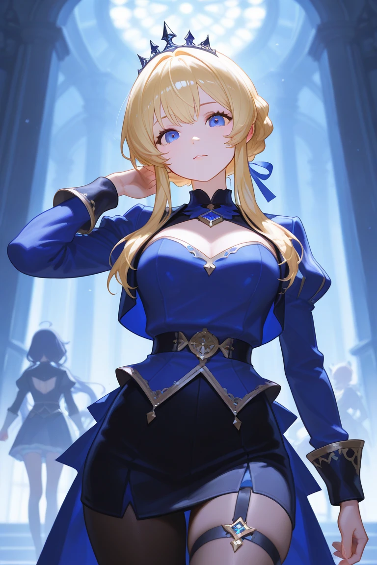 masterpiece, far-shot, highres, 4k, 8k, detailed illustration, ultra-detailed, digital art, detailed face, hyper-detailed eyes, super clear image, no blur, black pupils, eye highlight, highly detailed eyes, super high quality, super high detail, best quality, highly detailed lighting, best shadows, big breasts, art by ydh2102, saber, artoria pendragon, 1girl, blond hair, blue eyes, royal knights attire, standing in front of a castle at daybreak,