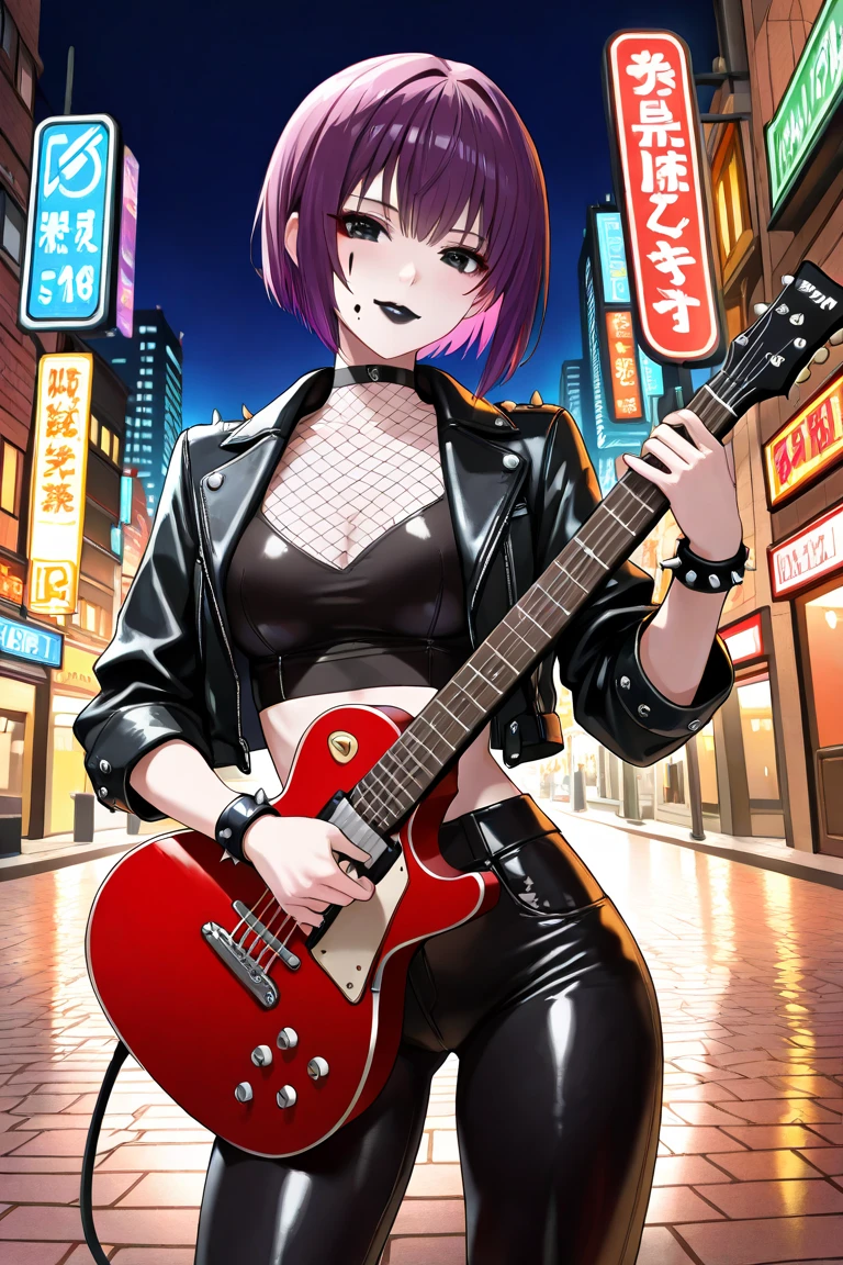 masterpiece, best quality, striveIno, hat, choker, tinted eyewear, red jacket, short sleeves, black shirt, midriff, belt, fingerless gloves, large breasts, cowboy shot, (electric guitar:1.3), playing guitar, smile, furrowed brow, looking at viewer, night, city street, dutch angle, cyberpunk <lora:ggino-nvwls-v1-000009:0.9>