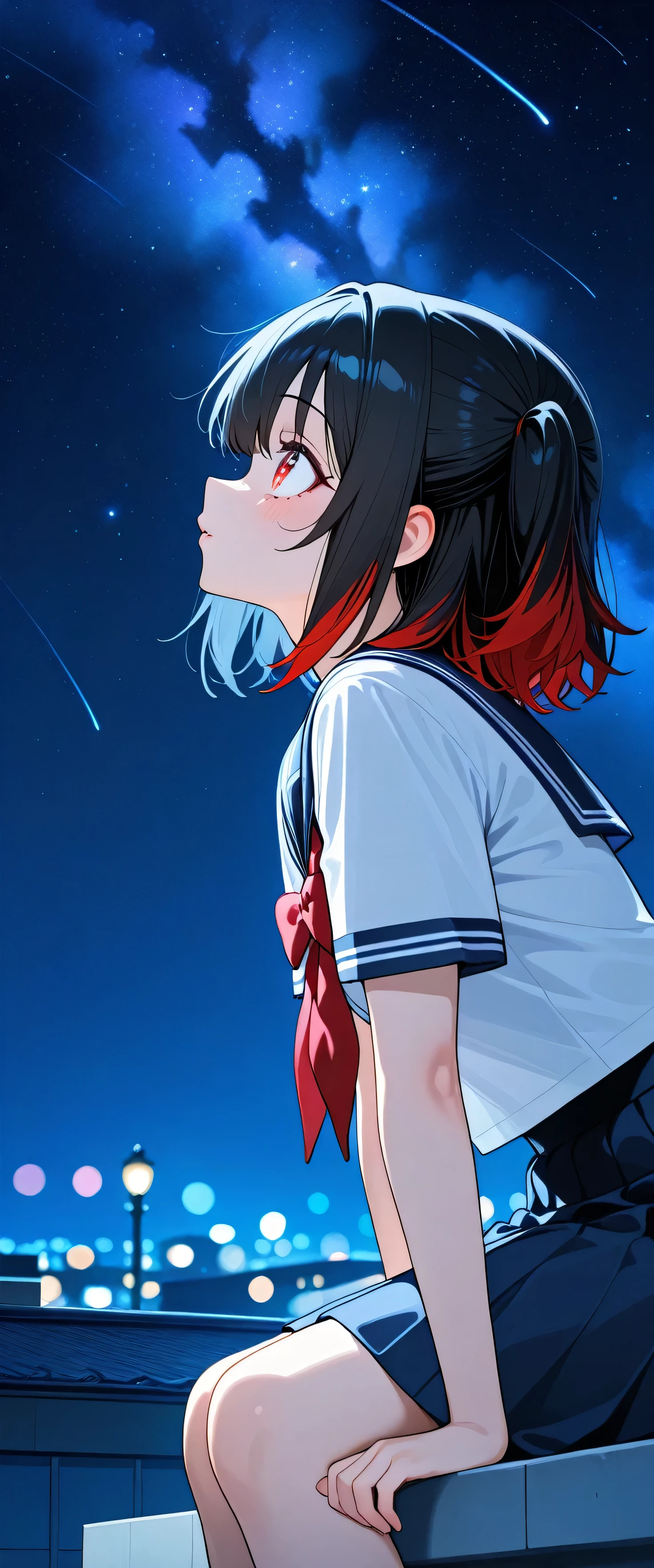 Anime girl sitting on a ledge looking at the sky - SeaArt AI