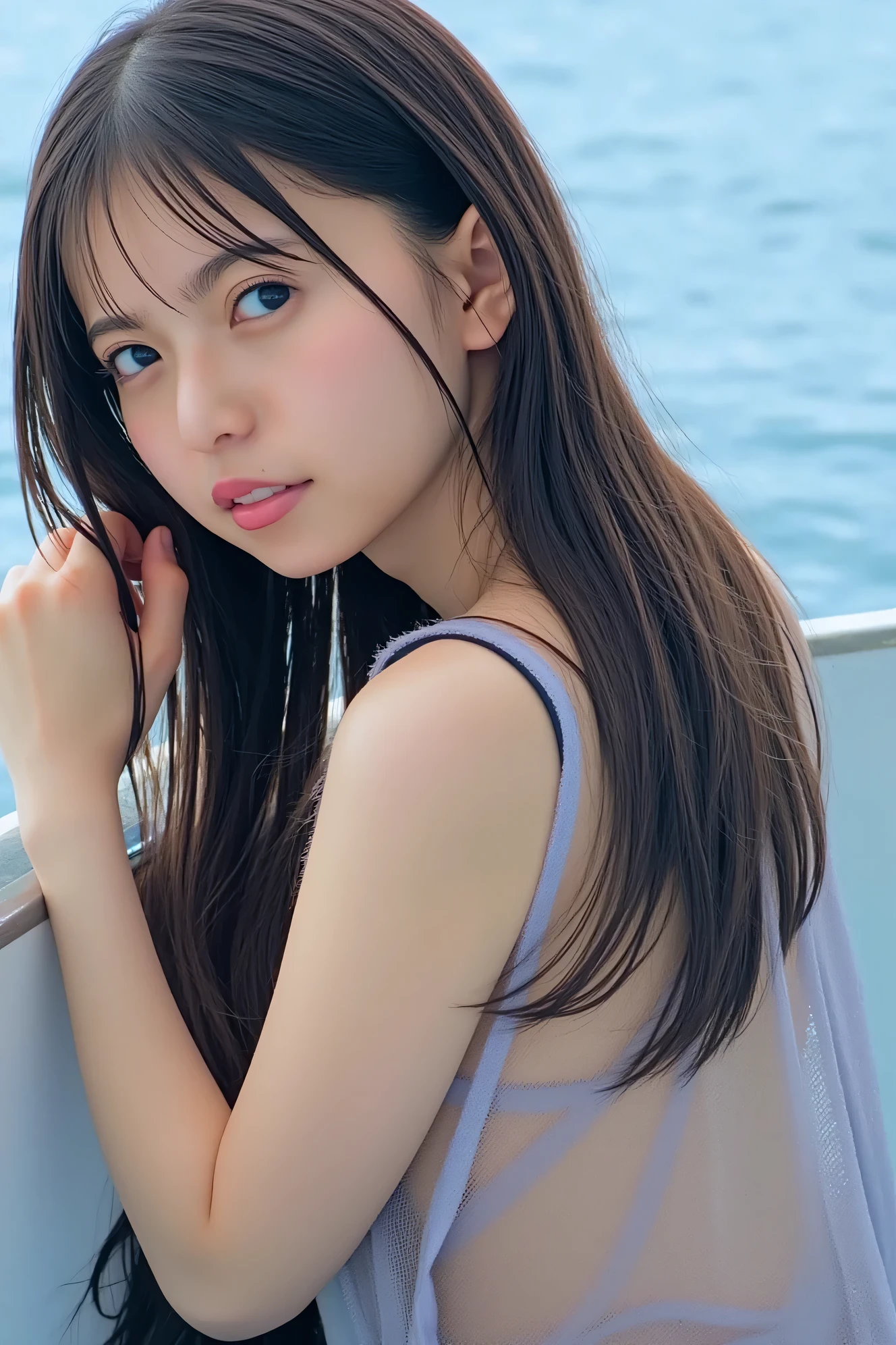 ((( High Resolution , top quality, very well detailed, masterpiece , highly detailed photos , realistic , Real people , Ultra precise skin ))) , , ( from the front ) , full body , Advance Shot , Viewer , ( giggle face ) , { wearing the diving suits that is half-way undressed : 1.8 } , black hair , medium hair , medium breasts , focus on the face , chest and hip , (( tuck hair behind the ear : 1.8)) , { nsfw } , Around the sea , water drop , the hair and body is wet