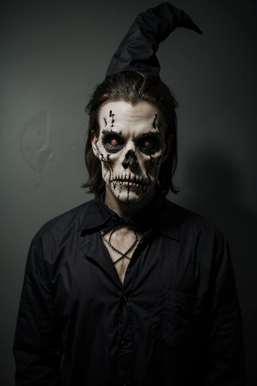 there is a 3d image of a man with a skeleton face and a top hat, evil devious male, dressed in crustpunk clothing, inspired by James Bolivar Manson, male vampire of clan banu haqim, beautiful male god of death, vampire of clan lasombra, imvu, wearing gothic accessories, male vampire, androgynous vampire