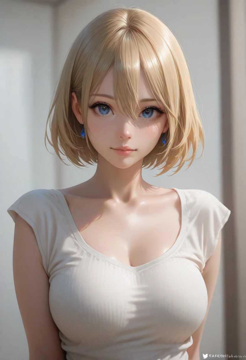 ((top-quality、8k、masterpiece:1.3))、Crisp focus:1.2、Angle from above、Beautiful woman with perfect body shape:1.4、Brown-skinned、cowboy shot:1.2、((Short Hair、layers-Cut、looking up sadly:1.2))、huge tit、(Thin and large long T-shirt:1.1)、Late night bedroom:1.2、非常にA detailed faceと肌の質感、A detailed eye、二重まぶた、lonely emotional expression、Moisturized eyes、I feel lonely and want to cry、expression of loneliness、A detailed face、detailed facial expression、A detailed eye、Detailed people、细致背景、Background bokeh