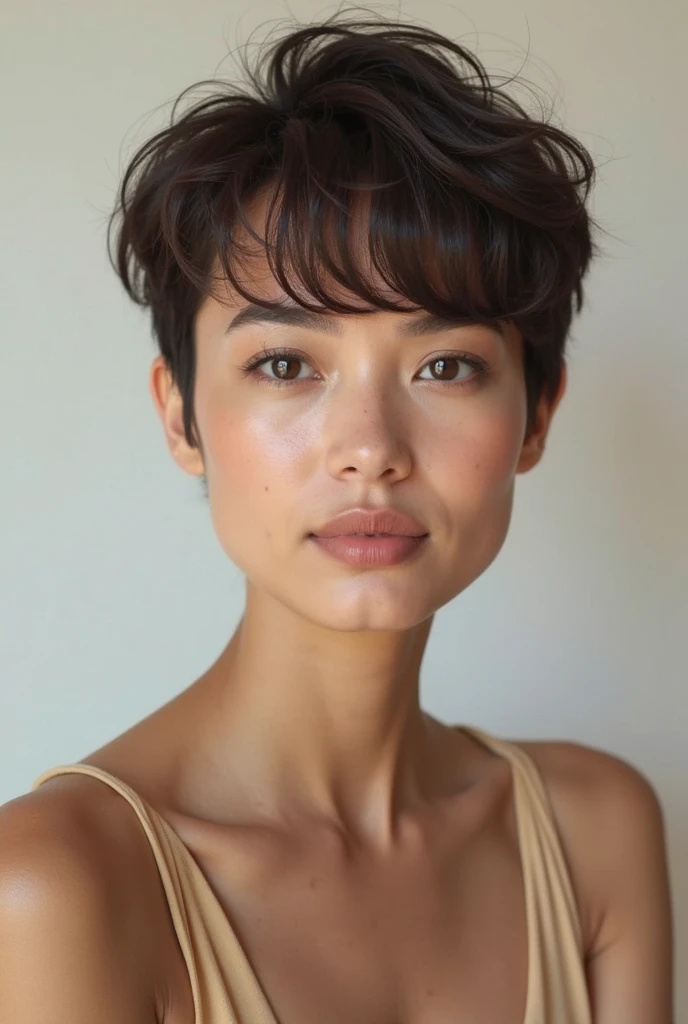 full face portrait photo, nude woman, short cropped bob style haircut, 35 years old, 75% African-American, 25% Somali, plain neutral background, no shadows, uniform lighting, no beard, no facial hair, no shadows, even lighting, ring light, facing camera, face well lit