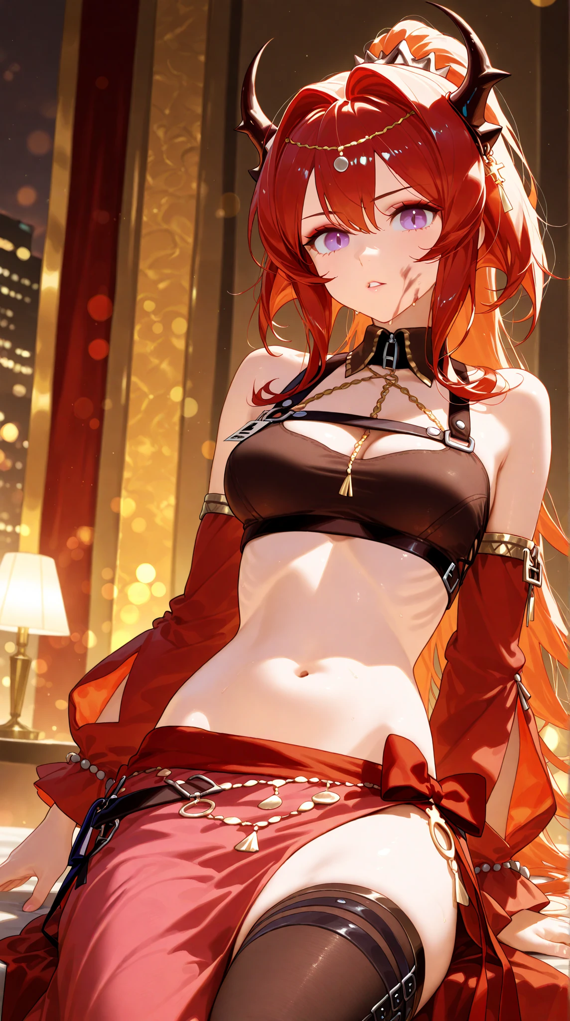 (masterpiece, Highest quality: 1.2), 1 female, Dancing Alone, Unique golden eyes, Long red curly hair, jewelry, Perfect Anatomy, Perfect body, traditional belly dance dress, sexy, hot, Beautiful background,