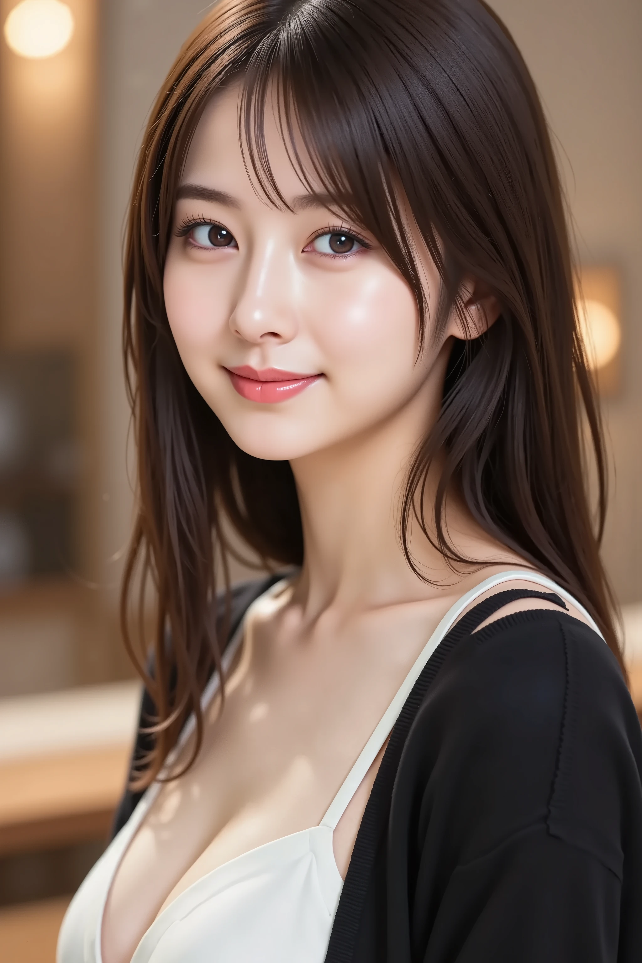 (highest quality、Tabletop、8k、Best image quality、Award-winning works)、1 pretty girl、(White fluffy elegant V-neck cardigan:1.1)、(Very smooth and finely textured elegant cardigan:1.1)、Perfect Girl Portrait Photo、Glowing Skin、Brown Hair、(Cleavage:1.1)、standing elegantly、Small face、(Big pretty eyes:1.1)、(Close-up of face:1.1)、(A slightly higher-up photo:1.1)、He looks up at me、A cute little smile、(The simplest beige background:1.1)
