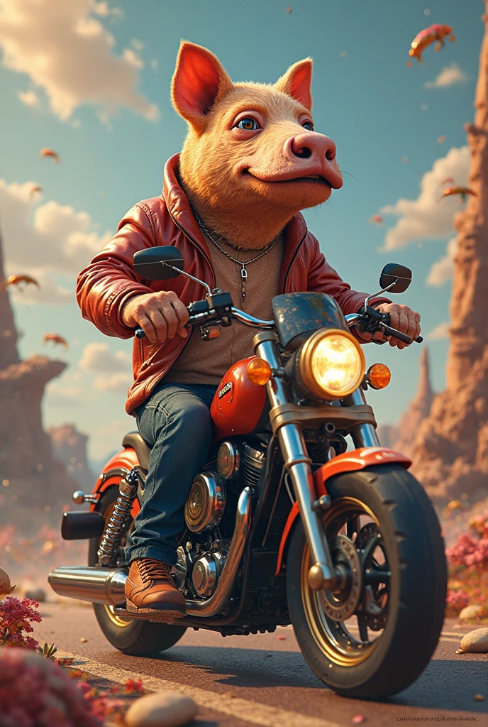 Generates a fat and obese anthropomorphic hippo, He has long hair with blue dyed tips and wears biker clothing., He is riding his motorcycle and behind him sits a grey sheep who is his boyfriend.