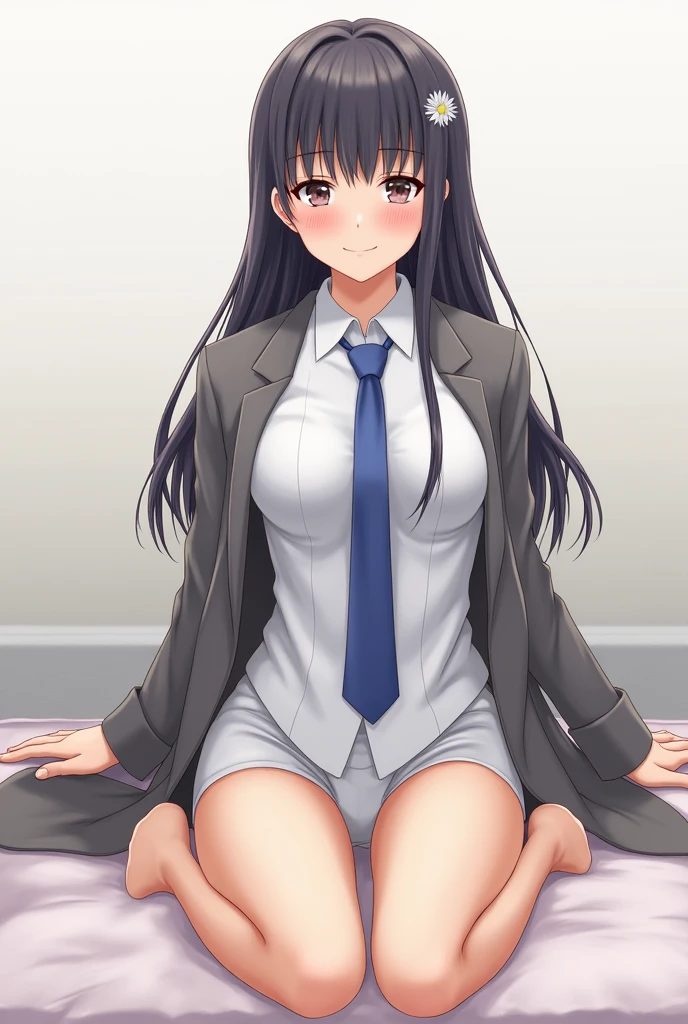 (spread legs:1.2), pussy focus, (show white panties:1.3)、Realistic, Real person, (Pale skin: 1.2), RAW Photos, Realistic, Portrait Photography, Shiny skin, Shiny Hair、(A 25-year-old woman with straight hair and bangs) and (medium hair) and (black hair) and (purple eyes) , (business suit:1.5) and（White collared shirt) and (skirt), (embarrassed:1.3), open mouth, The background is an office hallway、