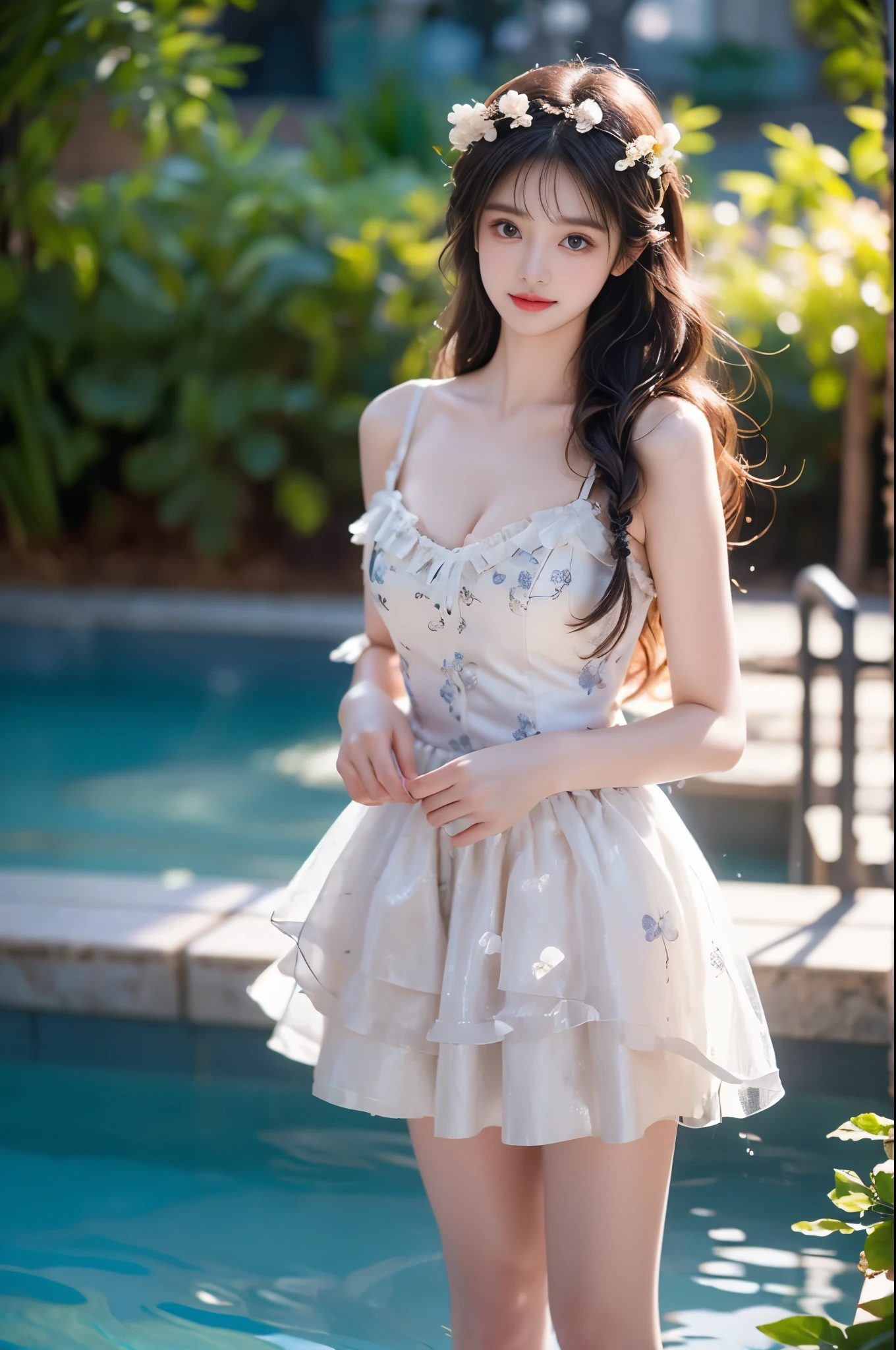 (8K、Raw photography、Photorealsitic:1.25)、1、(15 year old woman with beautiful perfect face、Expressing the joy of dancing with color)、ballet lyrical Pose, Line Dance、lipgloss、long eyelashes beautiful look、shiny bare skin、top-quality、超A high resolution、Stage costumes with many jewels shining、Bask in the lights on the stage、mixed colorful pretty cute a above knee length High Waist Lace Trim Mini A-Line Layered Skirt、Photograph the whole body、Reduce depth of field, Korean pretty girl, pretty, cute, sweet, happy face, smile, bright skin, soft skin, realistic skin, navel, cute round perfect young breasts,