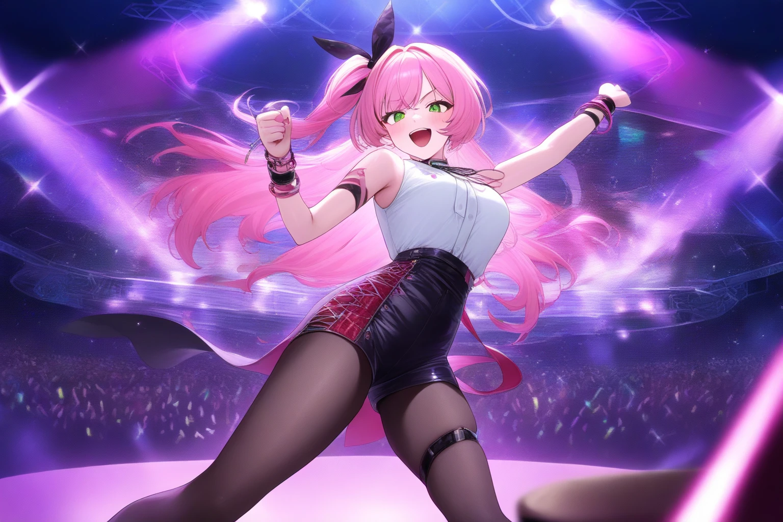 solo,(looking away:1.2),(loeaning foward:1.3), upperbody, multicolor curly sideup hair, (tsurime), big forehead, eyelash, punk lady clothing, offshoulder, black camisole, pink miniskirt, fishnet stockings, punk rock image, Sing a song、(diva),(I am the star）、grin