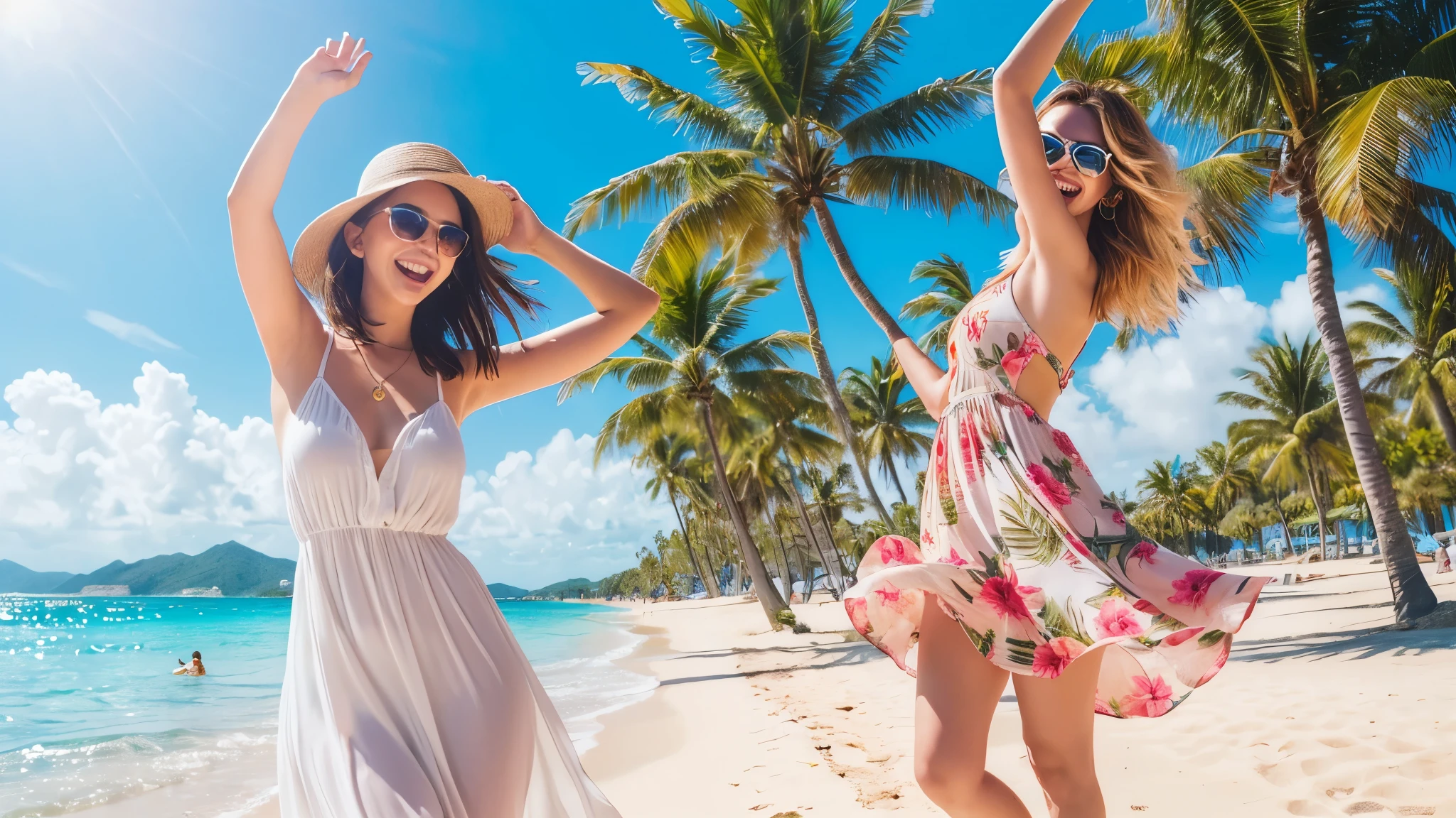 Two women sunbathing on the beach have their dresses ripped