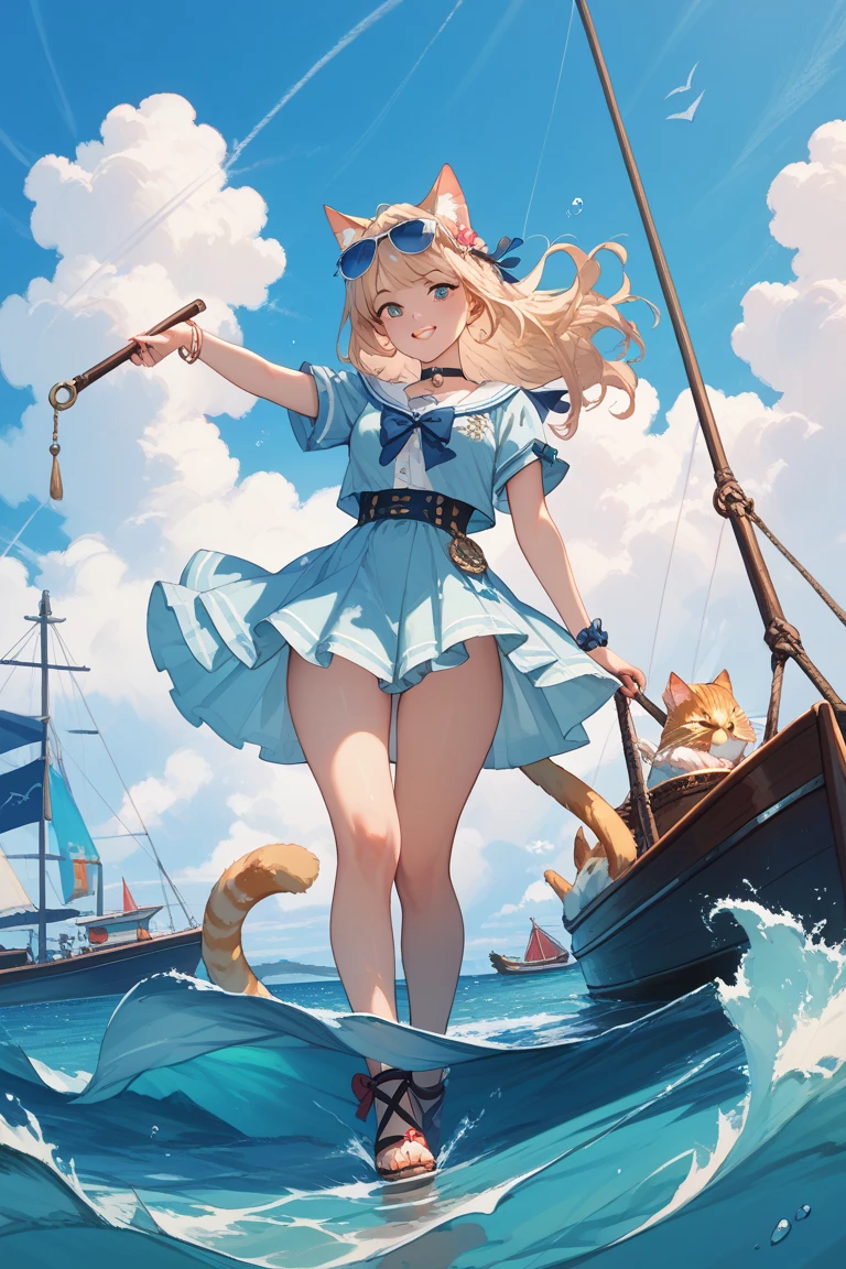 Rain poncho, school swimsuit, shark hat, fish fin ears, underwater, active pose, rabbit ears, pigtails, small, lower breasts, city pop color, female oyster, thick eyebrows, thin waist, beautiful blonde, braid, (masterpiece), ((highest quality)), (super detailed), girl, (beautiful eyes)), beautiful detailed eyes, clean and detailed face, five fingers, textile shading, perfect anatomy 、