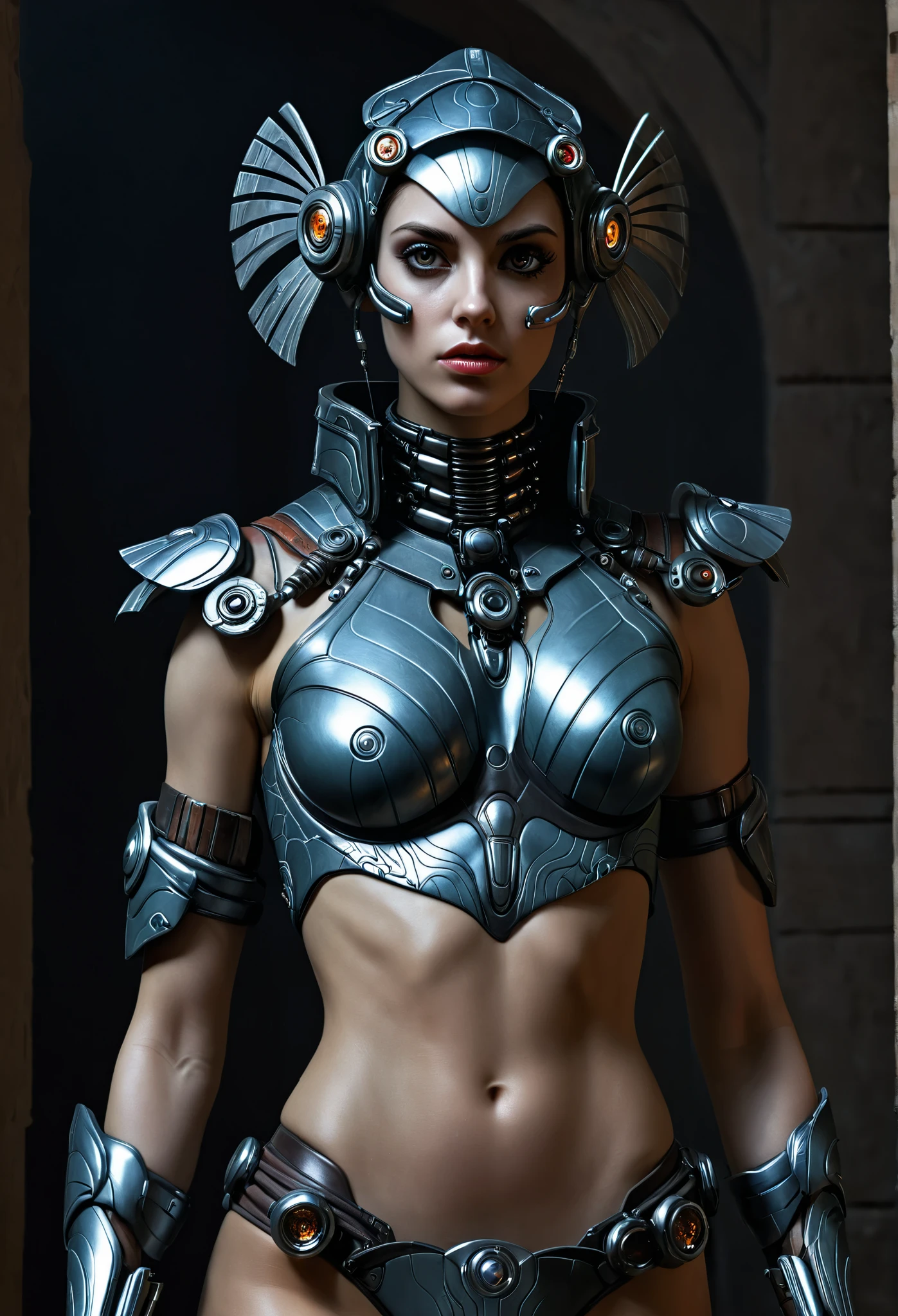 Beautiful biopunk cyborg, full-length portrait, sexy, Perfect face, pale skin, complicated painting with fine lines, 8 thousand, Ultra Detail, trending on ArtStation, sharp focus, hyperrealistic illustration, big eyes, chest very detailed, chiaroscuro, caravaggio, complicated details, chest very detailed, Realistic photo, Cinematic Art, movie image, captured in the style of the Sony Alpha A7 III camera