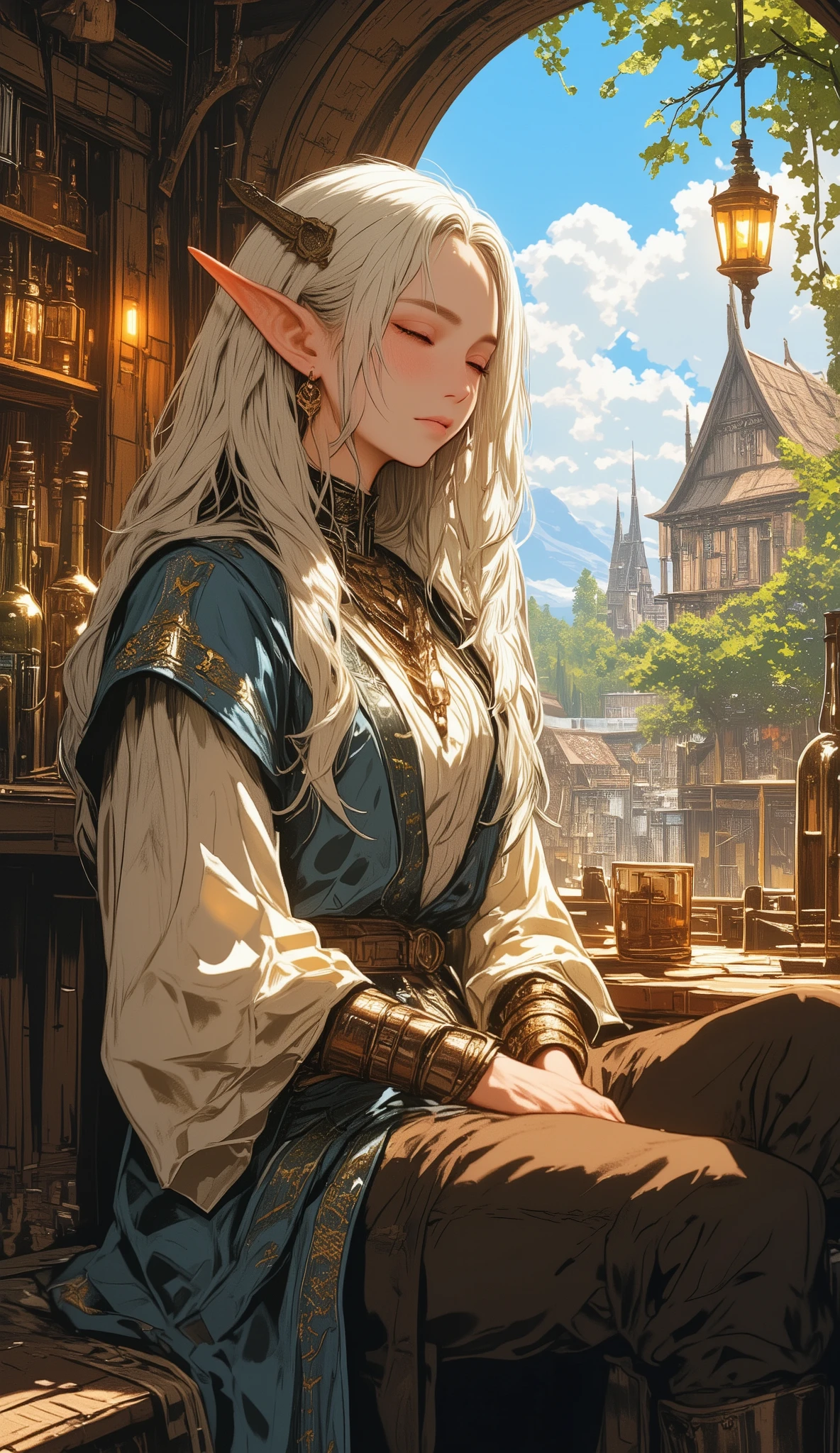 A serene elven woman with fair skin and long, flowing platinum blonde hair, sitting peacefully in a rustic wooden tavern. She has delicate, pointed ears and wears a medieval-inspired outfit — a soft blue tunic with ornate embroidery, layered under a cream-colored blouse with intricate patterns on the sleeves. A leather belt wraps around her waist, and she wears dark brown trousers with visible creases and stitching. Her relaxed posture suggests she's resting, with her eyes closed and a calm expression. The tavern interior features shelves filled with glass bottles, wooden furniture, and soft, golden lighting from hanging lanterns. Through a large arched window, a lively medieval town is visible, with timber-framed houses, lush green trees, and a bright blue sky with fluffy clouds. The warm sunlight filters through the window, casting a golden glow on the elf’s face and hair. The scene should evoke tranquility and comfort, blending semi-realistic fantasy art with a painterly touch. Emphasis on soft textures, warm color palettes, and intricate details in clothing and architecture.