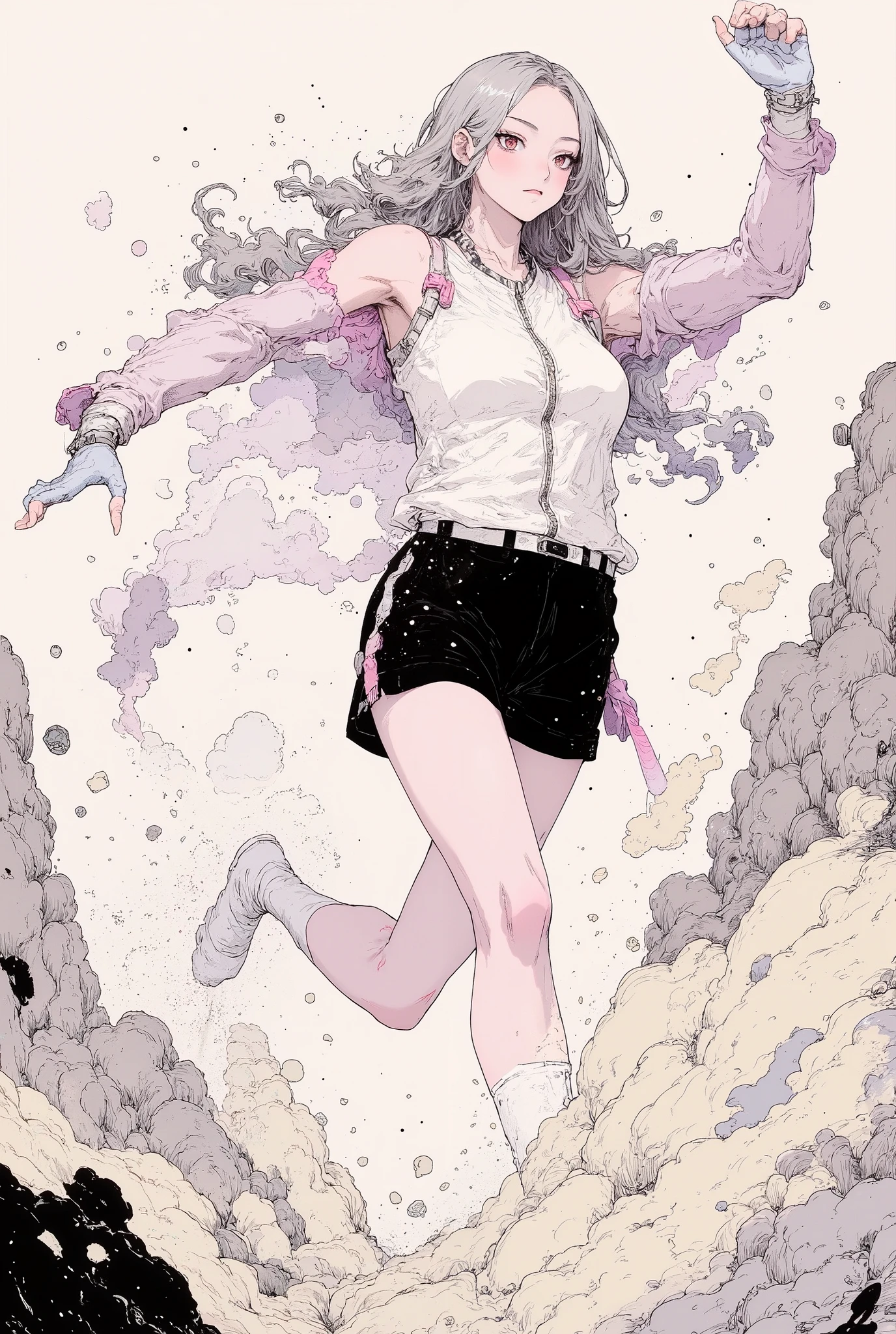 High school girls, muscular body, big , ((soft silver low ponytail hair)),  forward leaning sprint dash, Aesthetic leap using the whole body, Transcendental acceleration expressed with motion blur, (((gym uniform))), sneakers, running, (detailed body : 2.0), (sexy), (dynamic : 2.0), 1girl, japanese, blush, High Definition, masterpiece, Accurate, top quality, High Definition model, high detail, (((The textures are soft))), ((matte and toy-like with a handmade premium look)), (((Tim Burton style))), beautiful woman, anime style, simple lines, (intricate details : 1.1), beautiful detailed, beautiful hair, (Anatomically correct), 
