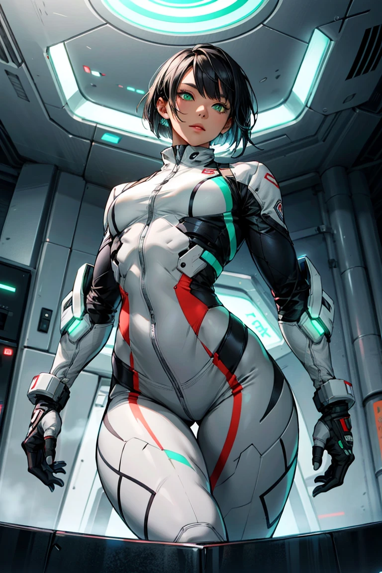(((Annie Lennox))), ((( transparent suit ))), (((Bandaged body))), ((high collar)), (((Quorra))), (((best qualityer: 1.4))), (Unbeatable masterpiece), (hiper HD),(CG 8k hyper-realistic), (((brave face))), (((breasts big))), (((hyper feminine))), sexly girl, Tron,(black bob hair)), ((( sculptural body ))), (((1 Kizi))), Kizi cibernética de 25 anos com perfectbody,,Beautiful and well-groomed face,muscular body:1.2,solid color detailed jacket, (Head to thigh photos), Complex equipment, green dark,long pants,Tight clothes are dark,With white stars and off-white stripes,,,,,Armor Metal Electronic Parts, Poison tattoos ) INFO, Kizi, (((standing alone))), pirralha violent, (((14歳))), sexly, pose de atitude, work of art, post-apocalypse, (((manga style))), bounty hunter, violent, Manic, the way you want, slenderbody, thin but strong, perfectbody, roupa moderna, advanced technology, neon, sleeves with vertical striped pattern, neutral background, (( cowboy shot )). intricate visual