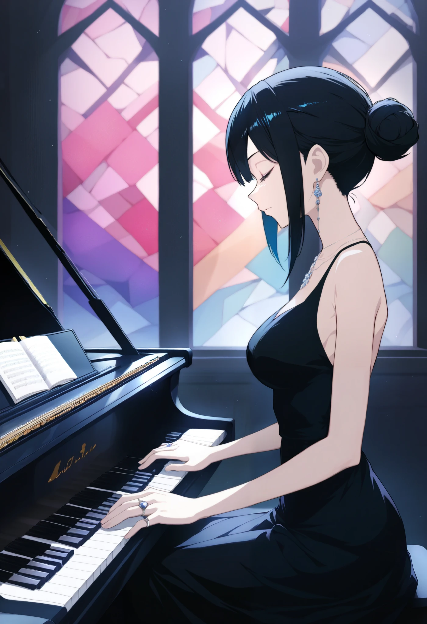 1girl, instrument, solo, jewelry, music, piano, dress, earrings, black hair, playing instrument, closed eyes, sitting, black dress, hair bun, sleeveless, from side, single hair bun, breasts, bare shoulders, sidelocks, sleeveless dress, backlighting, profile, closed mouth, indoors, window, necklace, ring, medium breasts ,masterpiece, best quality, high quality, extremely detailed, High Detail, vibrant colors, anime style, cover art,(wanke:0.8),(watercolor \(tira 7:0.8),(lam (ramdayo):0.8),(mochizuki kei:0.8),extreme aesthetic,masterpiece,best quality,good quality,newest,very aesthetic,absurdres,Visual impact,32K UHD,colorful,sharp focus