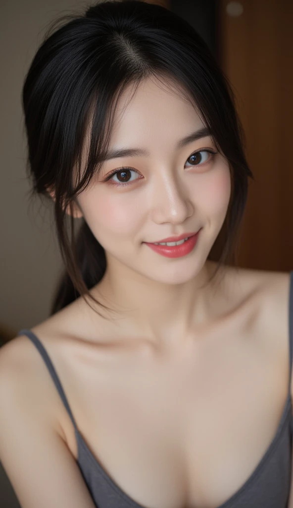 ((Highest quality, 8K, masterpiece: 1.3)), 1 Girl, slim, Tank top: 1.1, Super Slender Face, Delicate eyes, double eyelid, Droopy eyes, smile, 17 years old, Big Breasts ,Wet