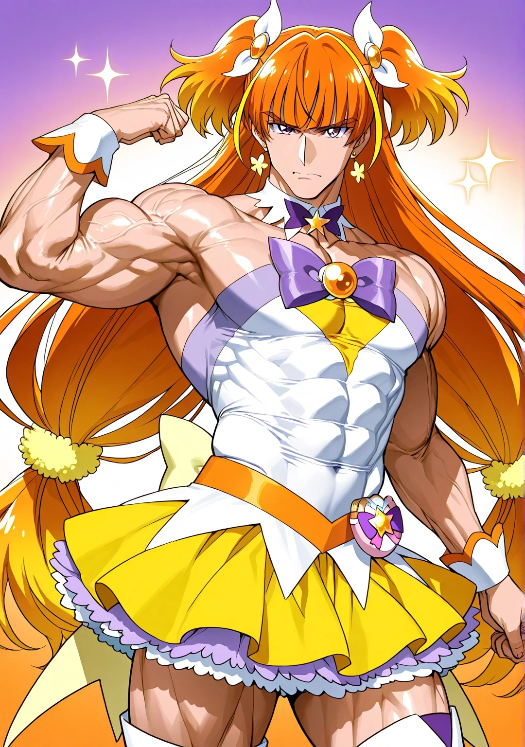 score 9 、score 8 up、score 7 up、masterpiece、top quality、high definition、anime coloring、1boy 、cure twinkle、(male:1.6)、 Cartoon Images of Men Wearing Dresses 、boy with orange brown twin tail hair、official art、alone、long hair、 orange hair 、low tied long hair、multicolored hair、 Hair、two tone hair、streaked hair、blunt bangs、high short twintail hair、low two side up hair、Jewelry brooch 、 V line around waist 、Muscular and strong、white boots、strapless dress、sexy、thigh boots、Strong muscles、yellow miniskirt、purple bow、yellow bow、Sparkling Magical Boy、a sexy atmosphere、purple mini skirt、layered skirt、Anime picture of a Blonde man in an ultra mega super hyper sexy 、purple mini skirt under yellow mini skirt、 Masculine and Disguised 、 Official Artwork 、Anime Prince、 purple eyes、 headquarters artwork 、 muscular man、wrist cuffs、purple bow tie、Orange belt、collarbone、covered midriff、covered abs、covered navel、 covered stomach、upper pectoralismajor、pectoralis major、biceps、biceps long head、biceps short head、triceps、triceps medial head、triceps lateral head、triceps long head、deltoids、anterior deltoids、middle deltoids、posterior deltoids、thigh muscles、fanart、Beautiful、むき出しの肩、Bare Arms、 cool anime boy 、(manly:1.6)、yellow mini dress 、sexy boy、cool boy、adult boy、white thigh-high boots、 dress up darling anime 、Official Anime Artwork、sexy male、 magical aura、lewd male、perfect body、perfect hands、perfect arms、perfect legs、 male focus、looking at viewer、cure twinkle outfit、alone focus、cowboy shot、(male body:1.6)、beefcake style、(manly face:1.55)、orange background、purple background、two tone background、gradient background、multicolored background、