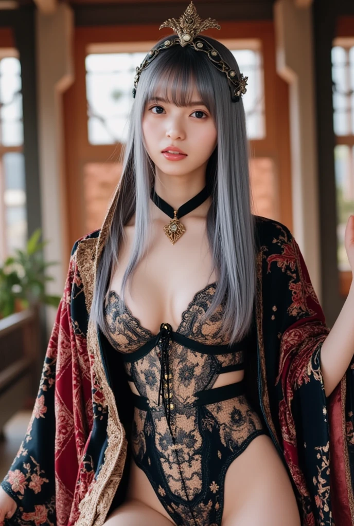 realistic, 1 girl, gray hair, purple eyes, shining eyes, crop top, skirt, parted lips, blush, night, flowers, sun, sunlight,