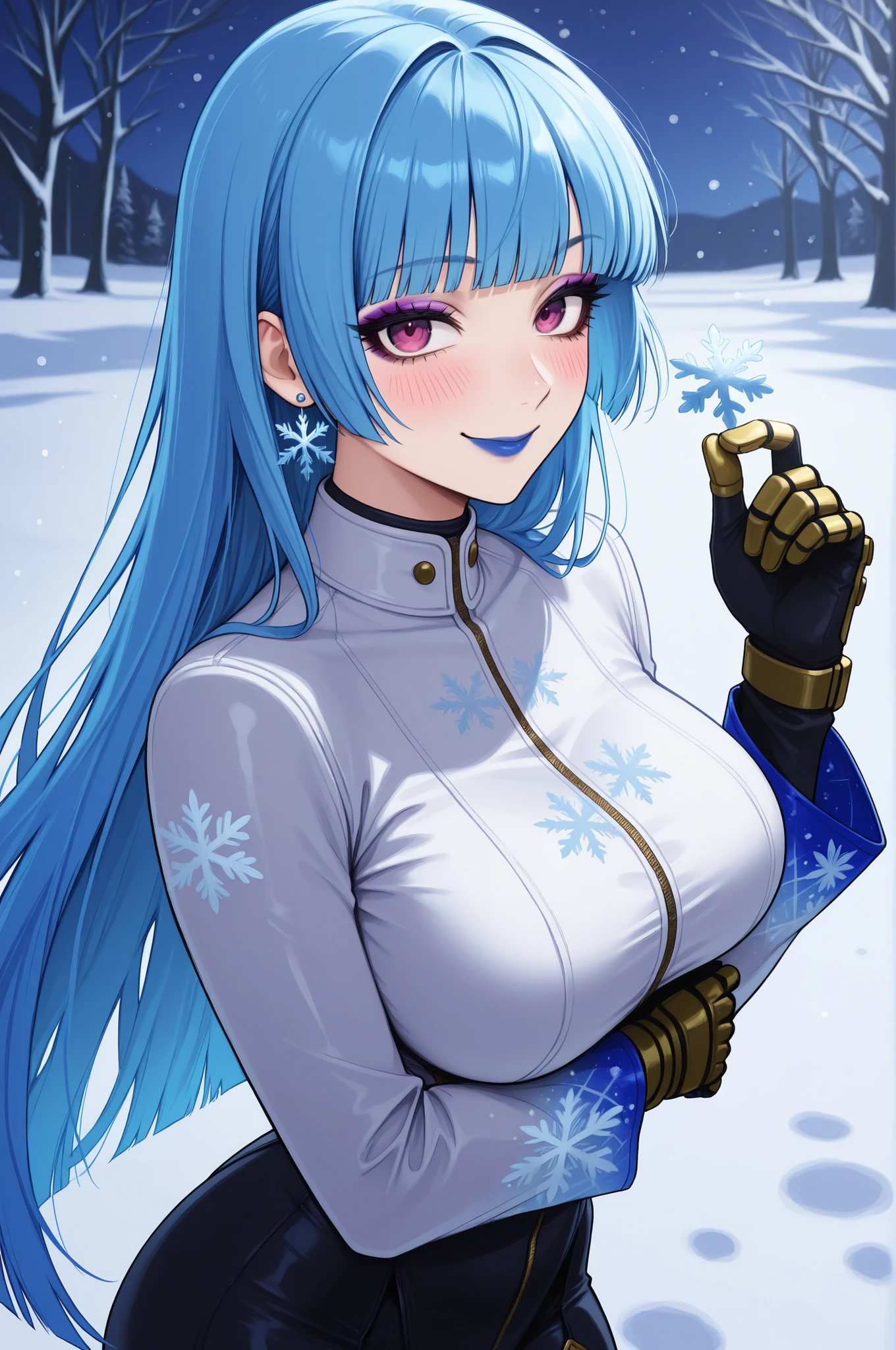 masterpiece, best quality, absurdres, newest, very aesthetic, amazing quality,highres, Kula Diamond \(king of fighters\), blue hair, hime cut, purple eyes, gloves, (1girl), (detailed face:0.8), (detailed eyes:0.8), black eyeliner,purple eyeshadow, blue lipstick, blush, flirting, snowflake, high resolution, 8k wallpaper, Distinct, magical atmosphere, beautiful background, high quality, snowy background 