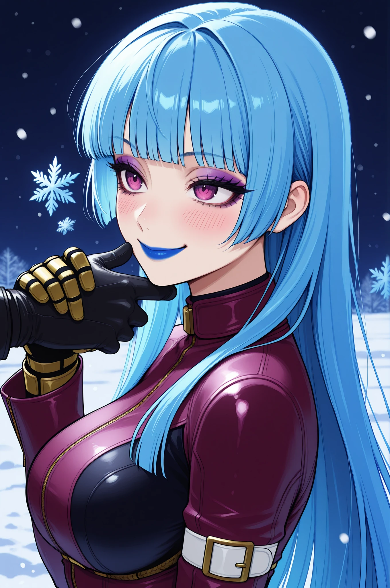 masterpiece, best quality, absurdres, newest, very aesthetic, amazing quality,highres, Kula Diamond \(king of fighters\), blue hair, hime cut, purple eyes, gloves, (1girl), (detailed face:0.8), (detailed eyes:0.8), black eyeliner,purple eyeshadow, blue lipstick, blush, flirting, snowflake, high resolution, 8k wallpaper, Distinct, magical atmosphere, beautiful background, high quality, snowy background 