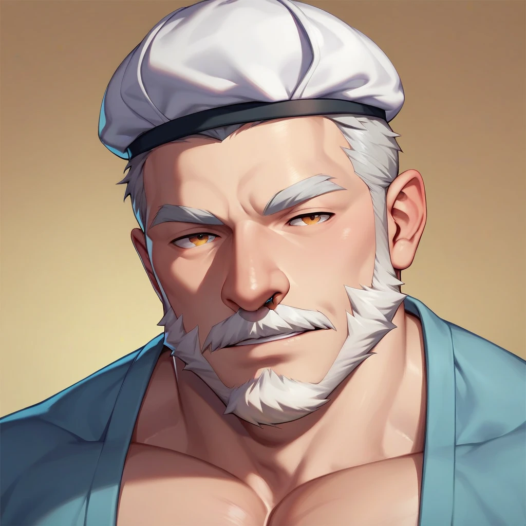 Dwarf Uncle　Big white beard　Black mustache　A worn-out running shirt　Hairy　Put your hands on your head and put your hat back on　Armpit hair　Upper body painting　Anime taste
