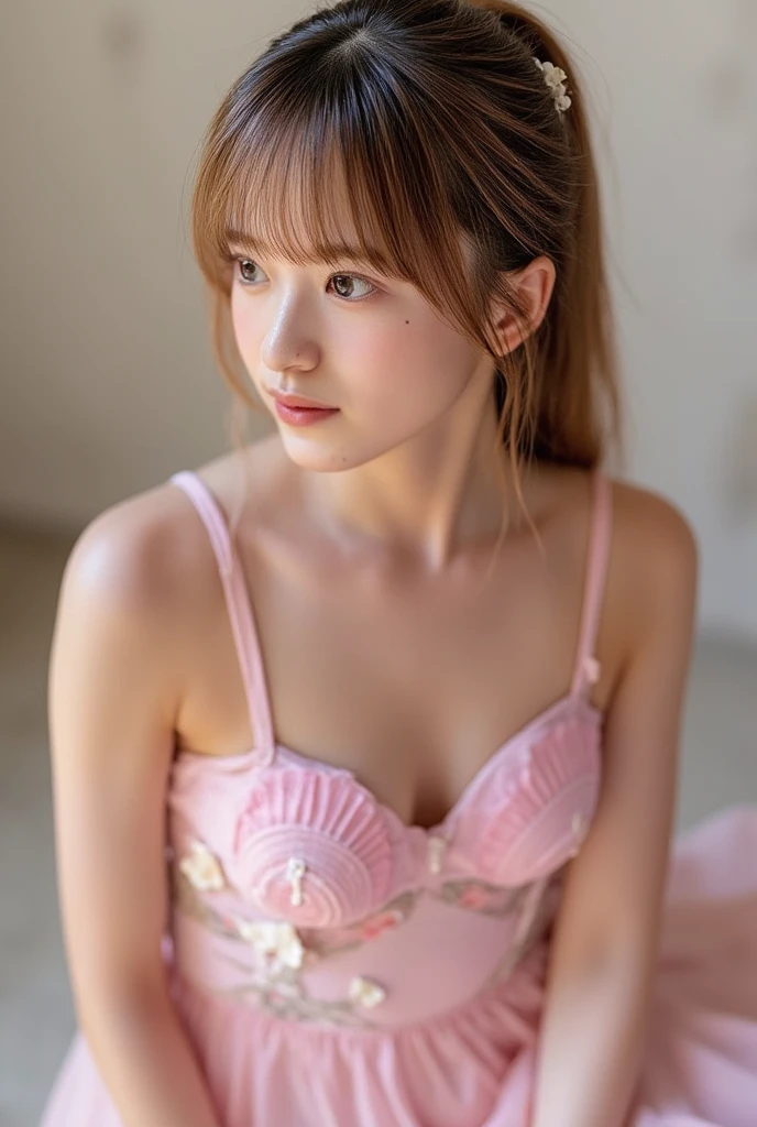 best image quality、8K、masterpiece：1.3))、Realistic high quality photos、highest quality、cute girl～well-groomed face、13 year old beautiful Japanese girl、Photos of slim models、beautiful girl model、若いjapanese girl、young and cute face、japanese girl、13 year old female model、beautiful model girl、The innocent look of the girl next door、nice delicate face、brown hair、beautiful brown eyes、tear bag、drooling eyes、young body、colorful,best details.expressed in the shape of a heart、heart shaped ornament、Use a lot of heart shapes、Use a lot of heart shapes in the background、Use lots of pink、use lots of flowers、Angle from above the knee、My breasts are small, size B.、Slender、Her legs are slender and beautiful,The skin is white and transparent,high heels、Gold Anklet、Stick out your tongue and drool milky white、There&#39;s cream on your face and clothes.