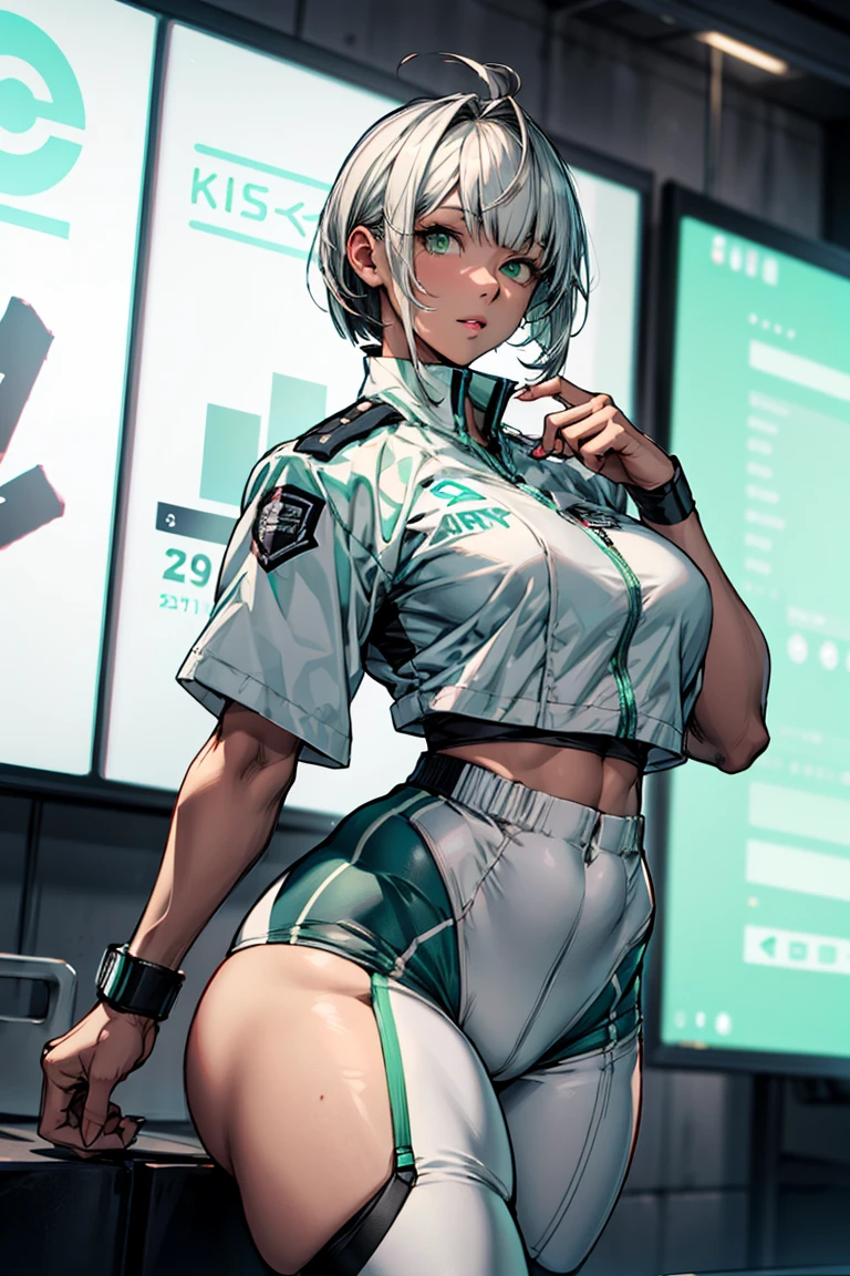 lifelike, high resolution, 1 girl, white hair, Korean, heterochromatic eyes, Little moles under the eyes, Loose navy green shirt, A Gray Sports Shorts, Big breasts, big thighs