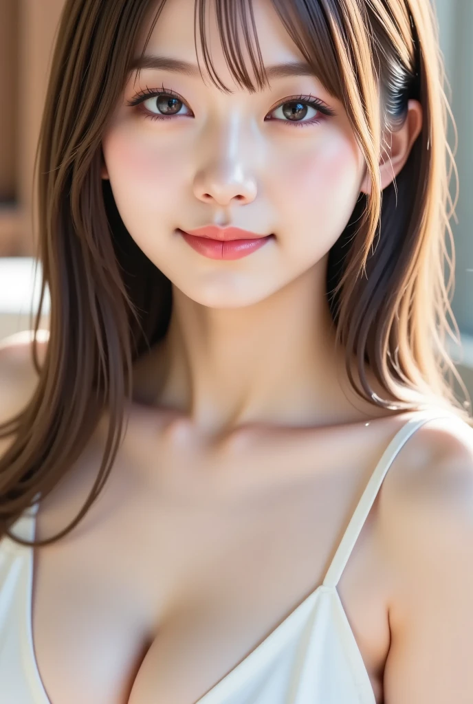 (Professional portrait, Realistic and perfectly shaped subjects:1.3), (masterpiece, highest quality:1.2), (Realistic, Ultra-realistic, Realistic:1.3), Ultra-high resolution, Intricate details, Super detailed, (Highly detailed CG, unity 8k wallpaper:1.3), Clear image,
break
(1 Japanese girl, 18-year-old), (cute, cute), (Perfect Anatomy, Correct limbs:1.2), Beautiful and delicate face down to the last detail, Beautiful and detailed eyes and eye highlights, (Very thin and delicate、not too long lashes), (Captivating eyes, Beautiful large eyes and detailed face), light makeup, Pink Lip, Lip gloss, Stylish face, (Shiny skin, Realistic skin detail), (Brown Hair:1.2), , Cleavage, Completely naked、きれいなおまんこ
break
bedroom, Shrugging embarrassedly, ((Hold your chest with your arms:1.3)), sitting on bed
break
extremely detailed  chemise, Highly detailed side tie panties:1.4
break
((whole body:1.2)), ((Shoot from the side)), Angle from the front:1.4, Sideways glance:1.3, (((Embarrassing:1.4))), (Turn your head away from the camera:1.4), ((blush:1.5))、Turn 1&#39;face down:1.7