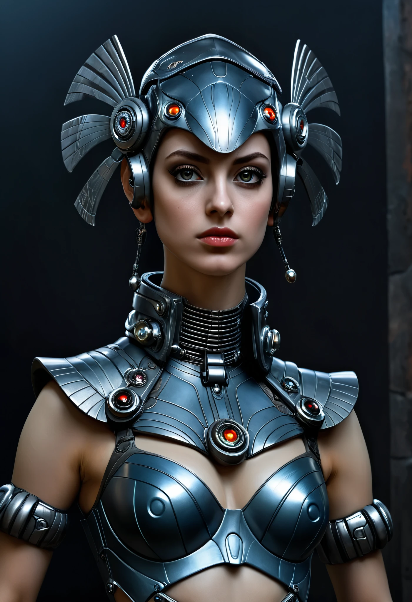 Beautiful biopunk cyborg, full-length portrait, sexy, Perfect face, pale skin, complicated painting with fine lines, 8 thousand, Ultra Detail, trending on ArtStation, sharp focus, hyperrealistic illustration, big eyes, chest very detailed, chiaroscuro, caravaggio, complicated details, chest very detailed, Realistic photo, Cinematic Art, movie image, captured in the style of the Sony Alpha A7 III camera