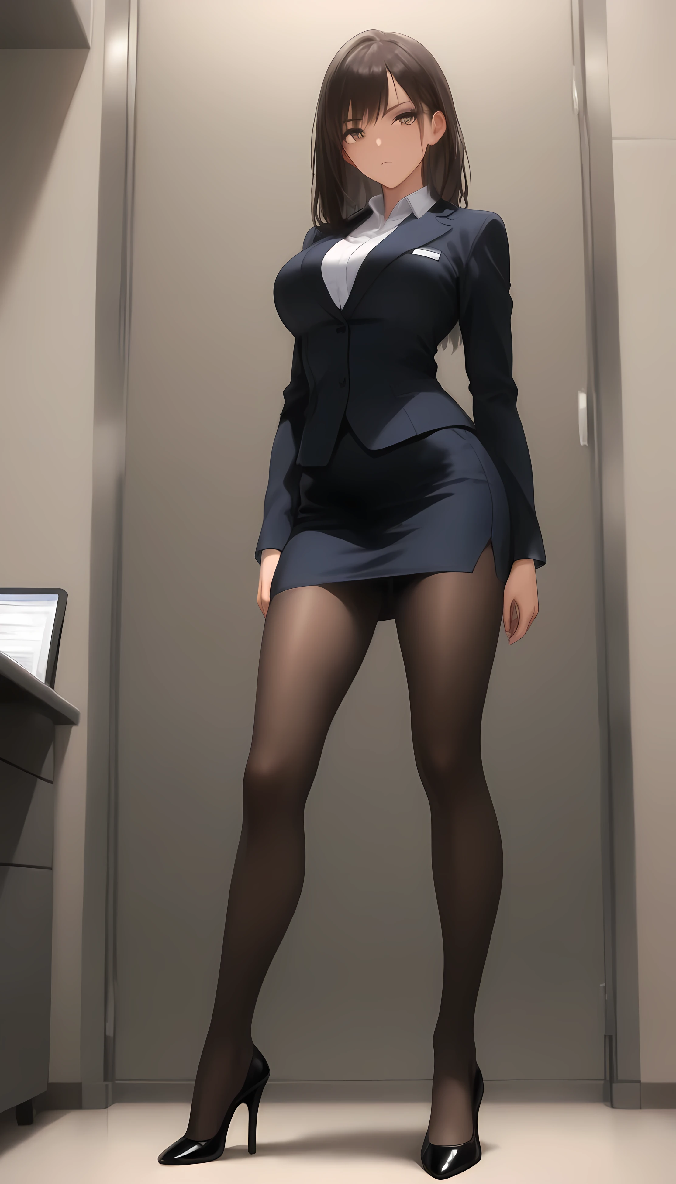 1 girl, alone,  Full Body Shot , standing, masterpiece, Best Quality, great quality, very beautiful,  office suit,  mini tight skirt , pantyhose, high heels, high definition, latest
