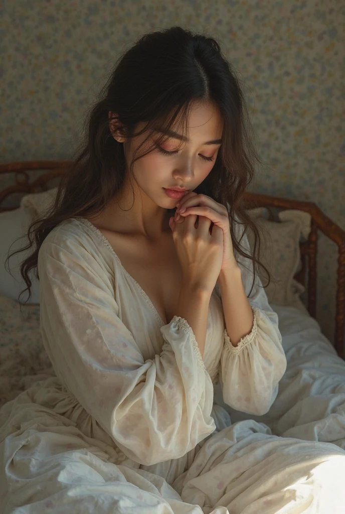 ((highest quality, masterpiece :1.3)), Photorealistic、Ultra-high resolution、Natural skin texture、Hyperrealism、Reflection from the waist up、Beautiful Japanese girl in her early teens、One girl、Nightgowns with transparent skin、Lying in bed、bondage with rope、Frightened expression、Tears flowing