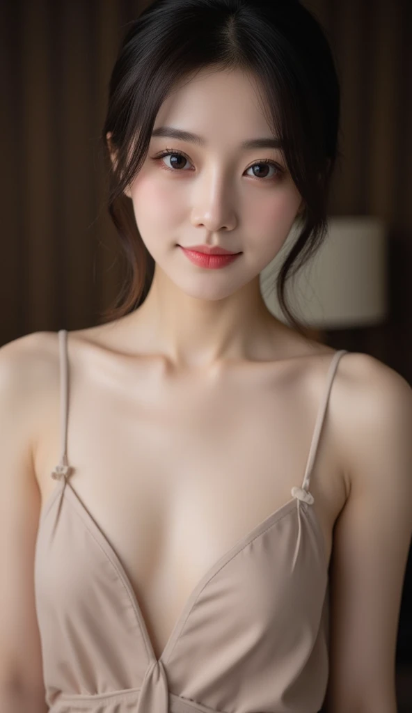 ((masterpiece: 1.4, best quality))+,(ultra detail)+, official art, unity 8k wallpaper, ultra detail, beautiful, high quality, Highlight your cute face, masterpiece, best quality, semi straight medium length hair, (brown eyes, brown hair), bust, looking straight ahead, laugh, Lace lingerie model, (bust:1.3)