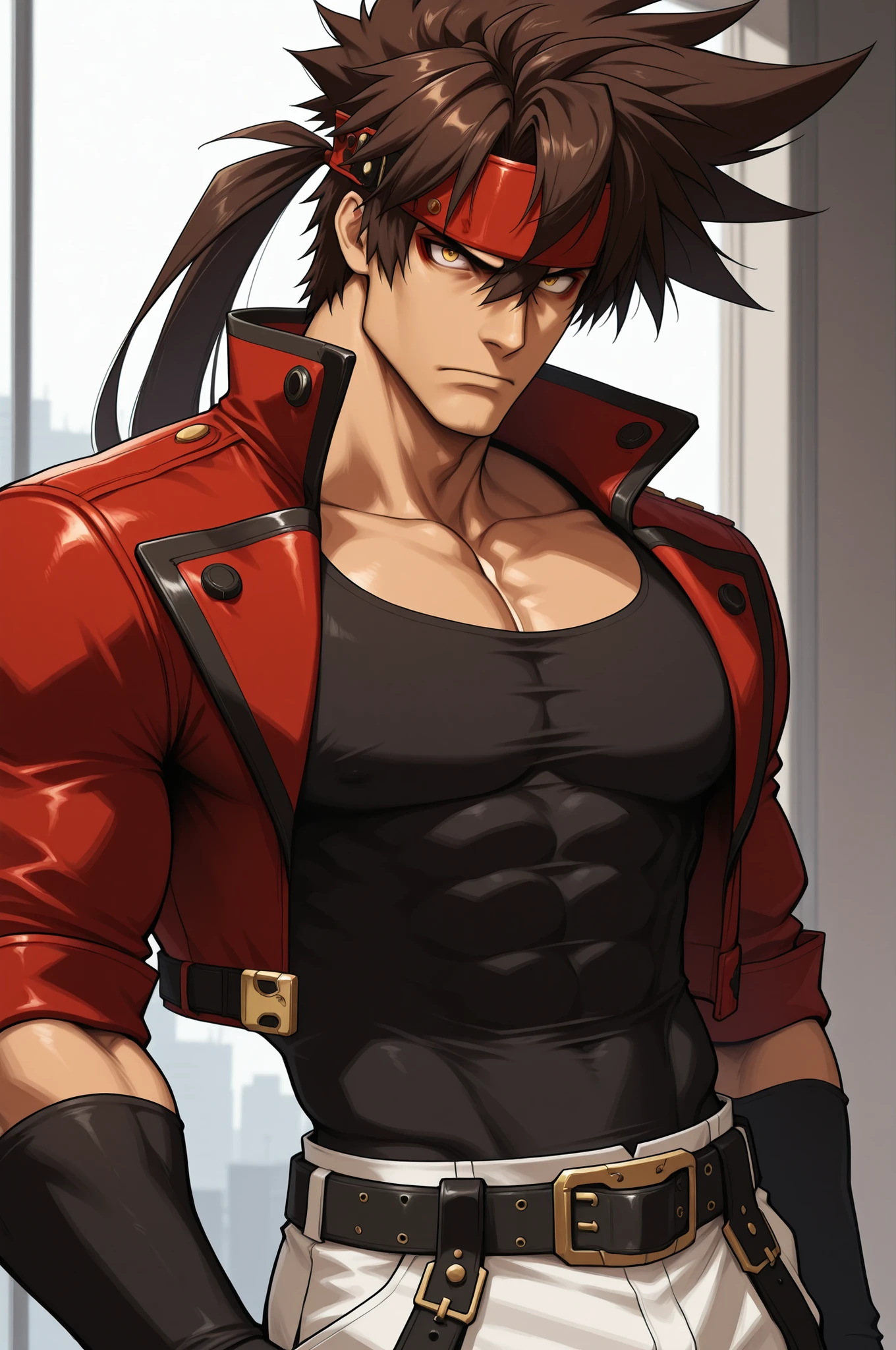 masterpiece, best quality, absurdres, newest, very aesthetic, amazing quality,highres, 1boy, male, Sol Badguy, brown hair, gold eyes, black vest, red jacket, belt, headband,ultra-detailed, intricate details