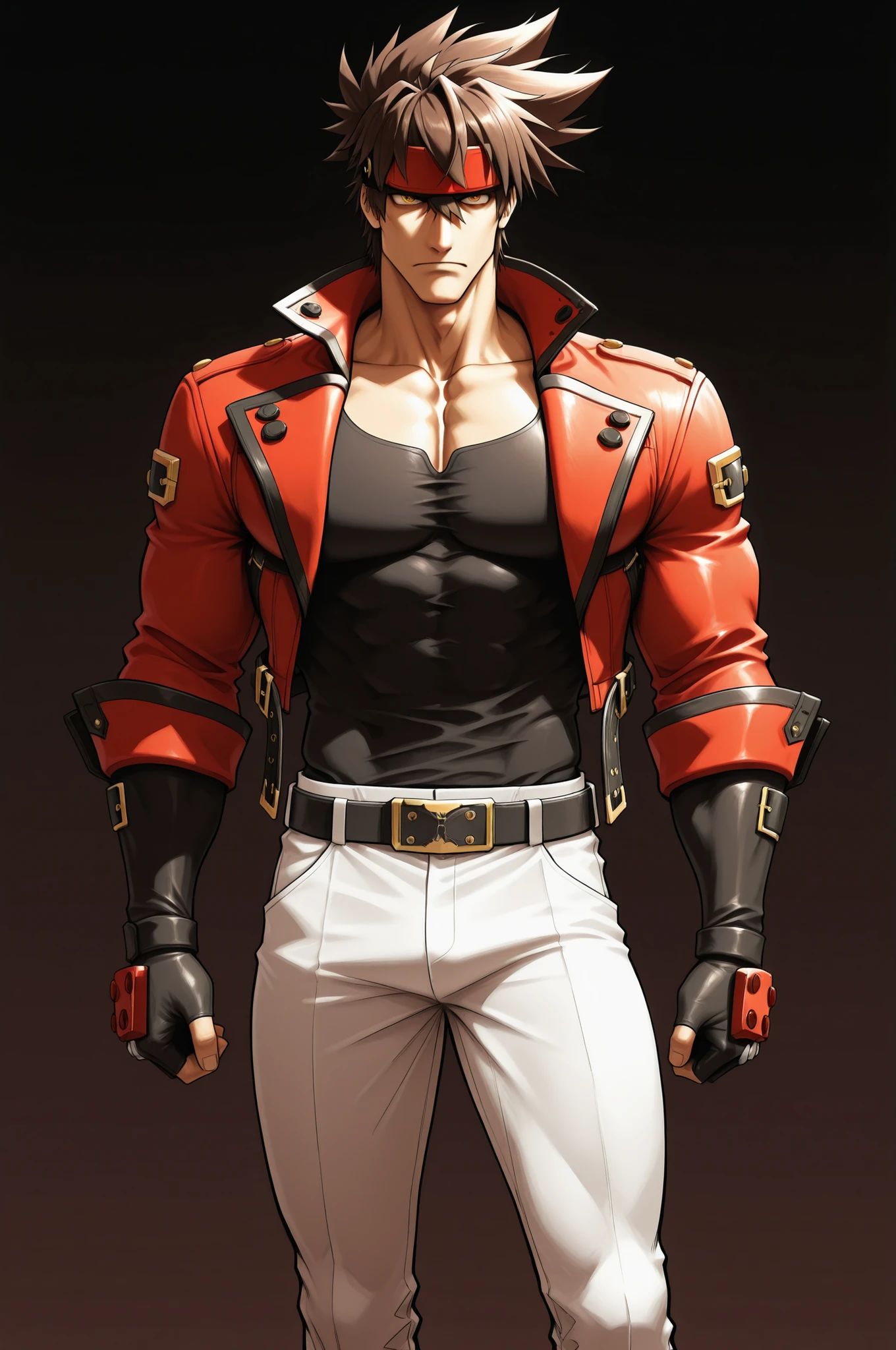 masterpiece, best quality, absurdres, newest, very aesthetic, amazing quality,highres, 1boy, male, Sol Badguy, brown hair, gold eyes, black vest, red jacket, belt, headband,ultra-detailed, intricate details
