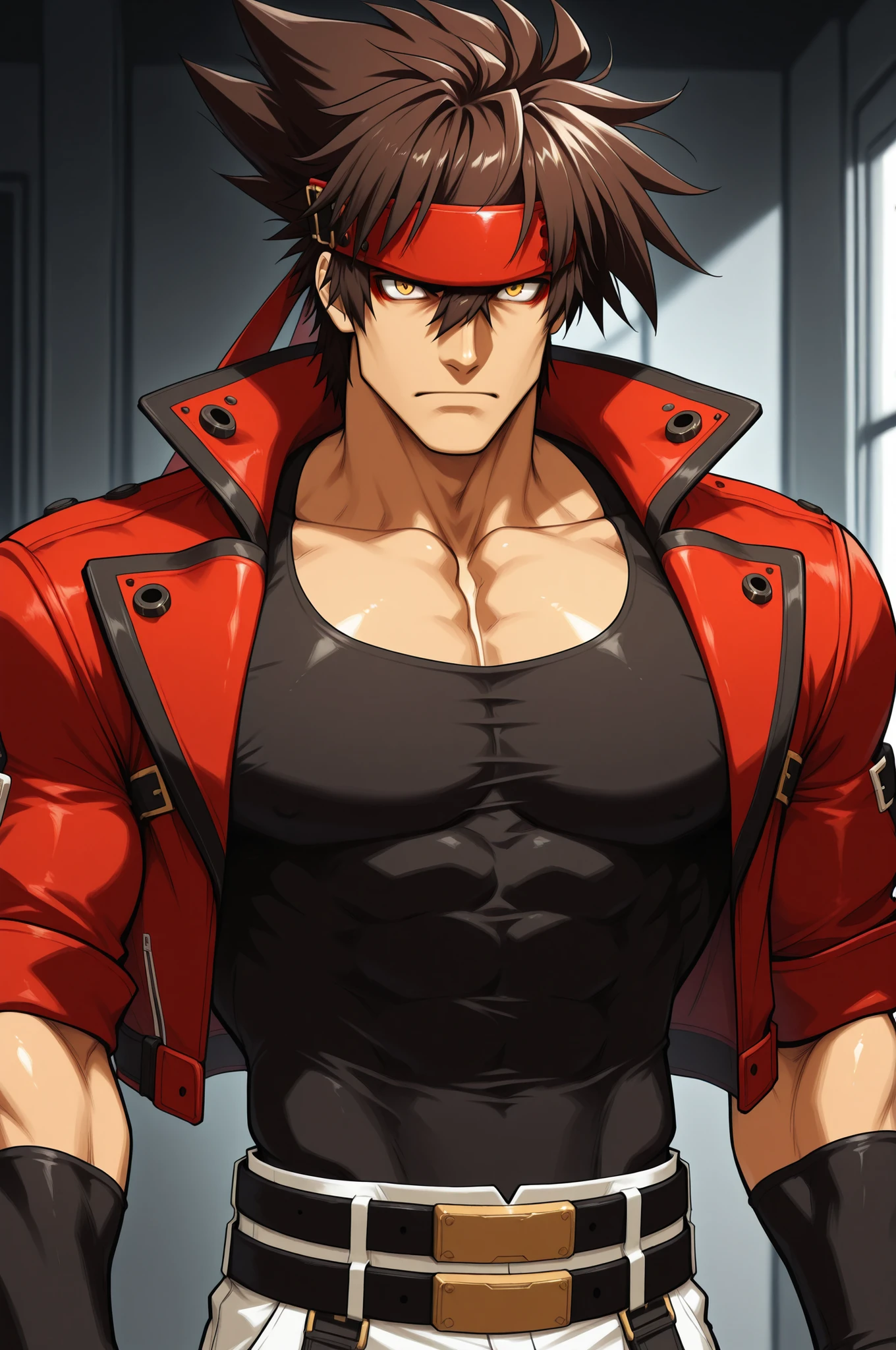 masterpiece, best quality, absurdres, newest, very aesthetic, amazing quality,highres, 1boy, male, Sol Badguy, brown hair, gold eyes, black vest, red jacket, belt, headband,ultra-detailed, intricate details