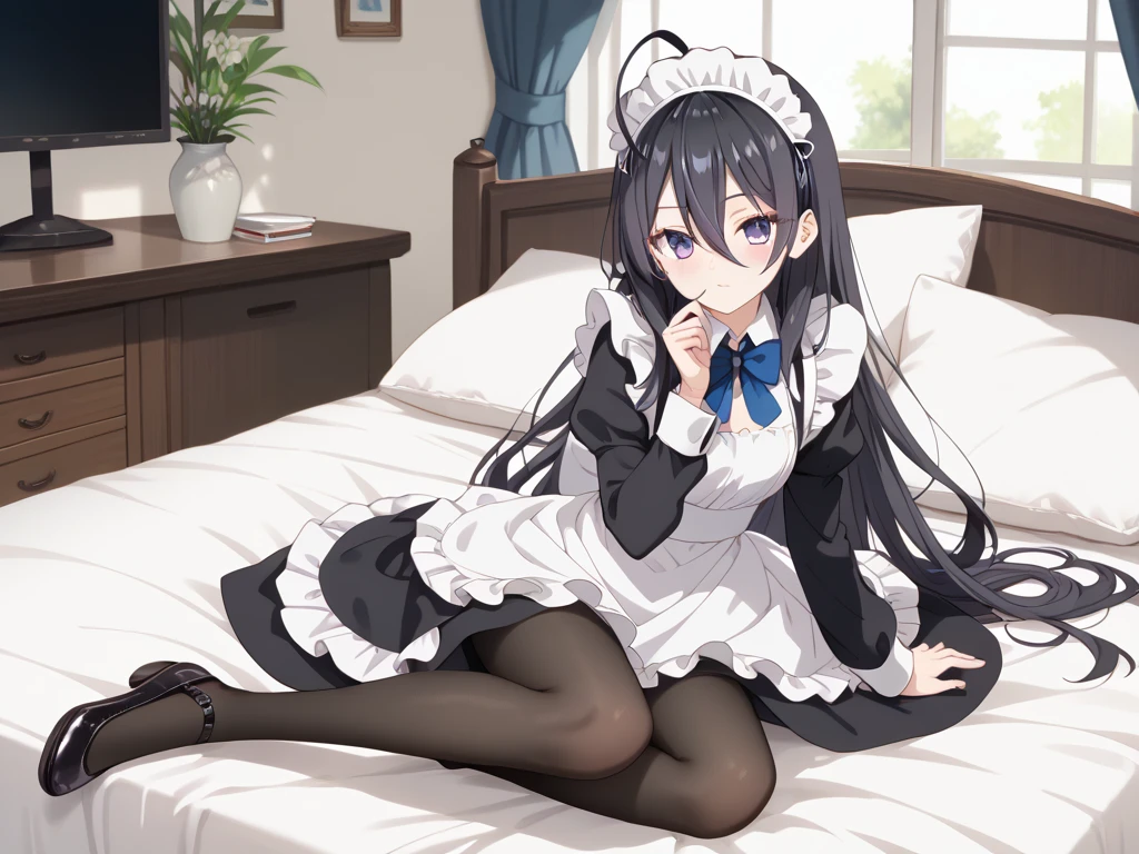 1 woman, Cool, masculine, Cross-dressing, Gothic clothes, Gothic, Onepiece, knee high socks, Black socks, Skirt, Black clothes, white frills, Black hair, Long hair, Thick eyebrows, Sake, Head dress, Black lips , lots of ruffles、A smile、alcohol、Japan liquor bottle, large black frills on the side of the head,,,,,,lying on the bed