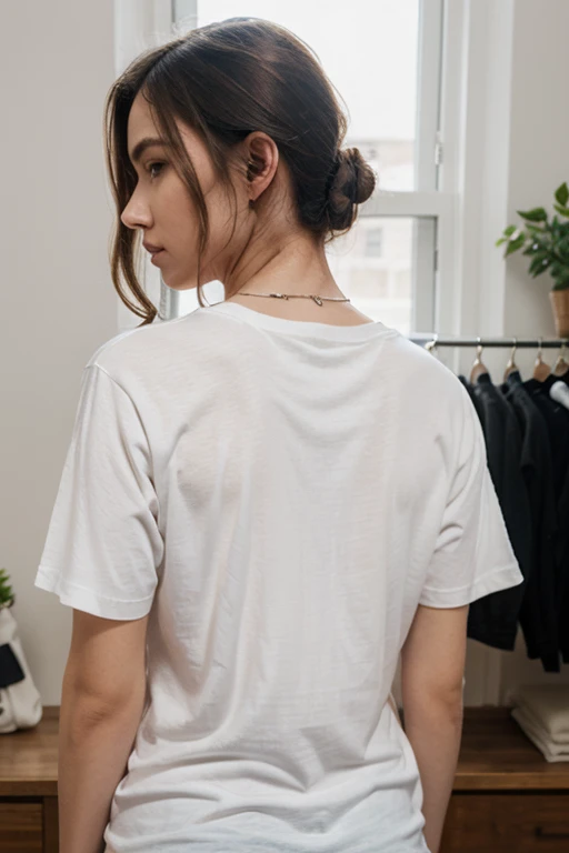 photo of a beautiful girl of 20 years old, wearing only a casual short shirt with a hoodie and, brown hair with light highlights, in a room, naked, fit body, no pantys, view from back, medium upper body shot, looking at the camera, cute smile, shallow depth of field