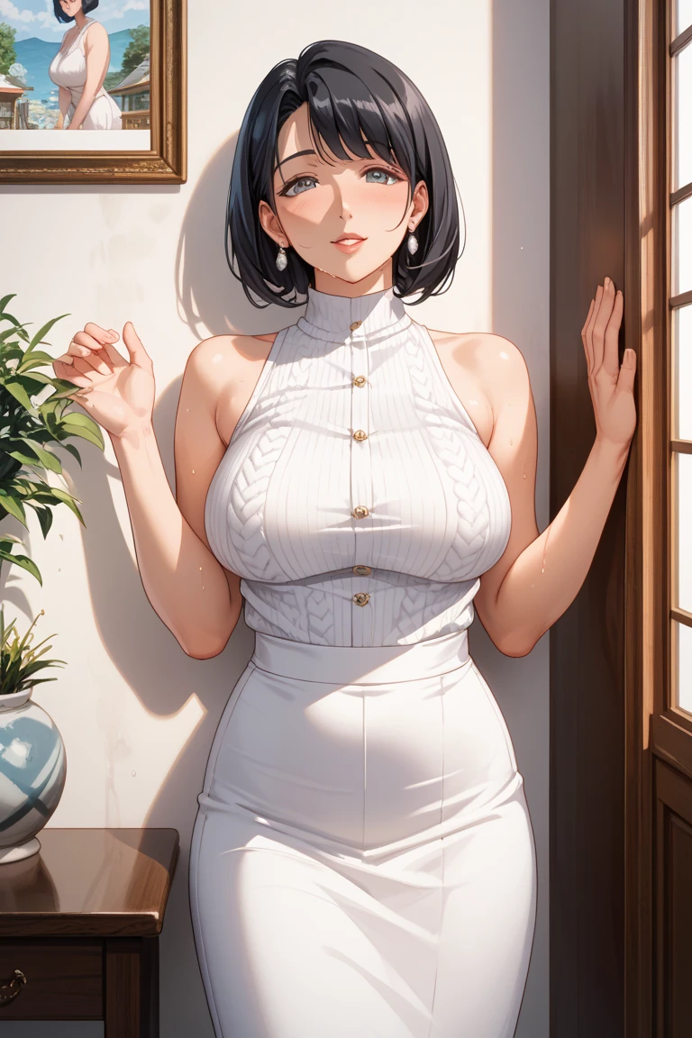 4k-ultra sharp、1 Woman Standing, /(Sleeveless knit shirt/) /(hot pants/), Mature Woman, /(Black Hair/) bangs, A gentle blushing smile, (Masterpiece Top quality:1.2) Delicate illustrations, super detailed, Big Break /(Modern house living room/)